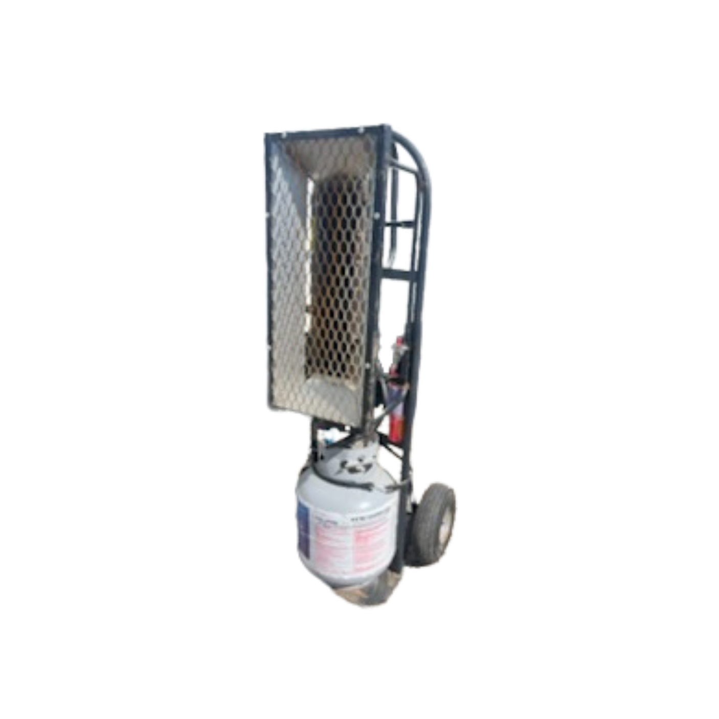 Lawn care sprayer cart with a propane tank at the bottom, metal frame, and wheels.