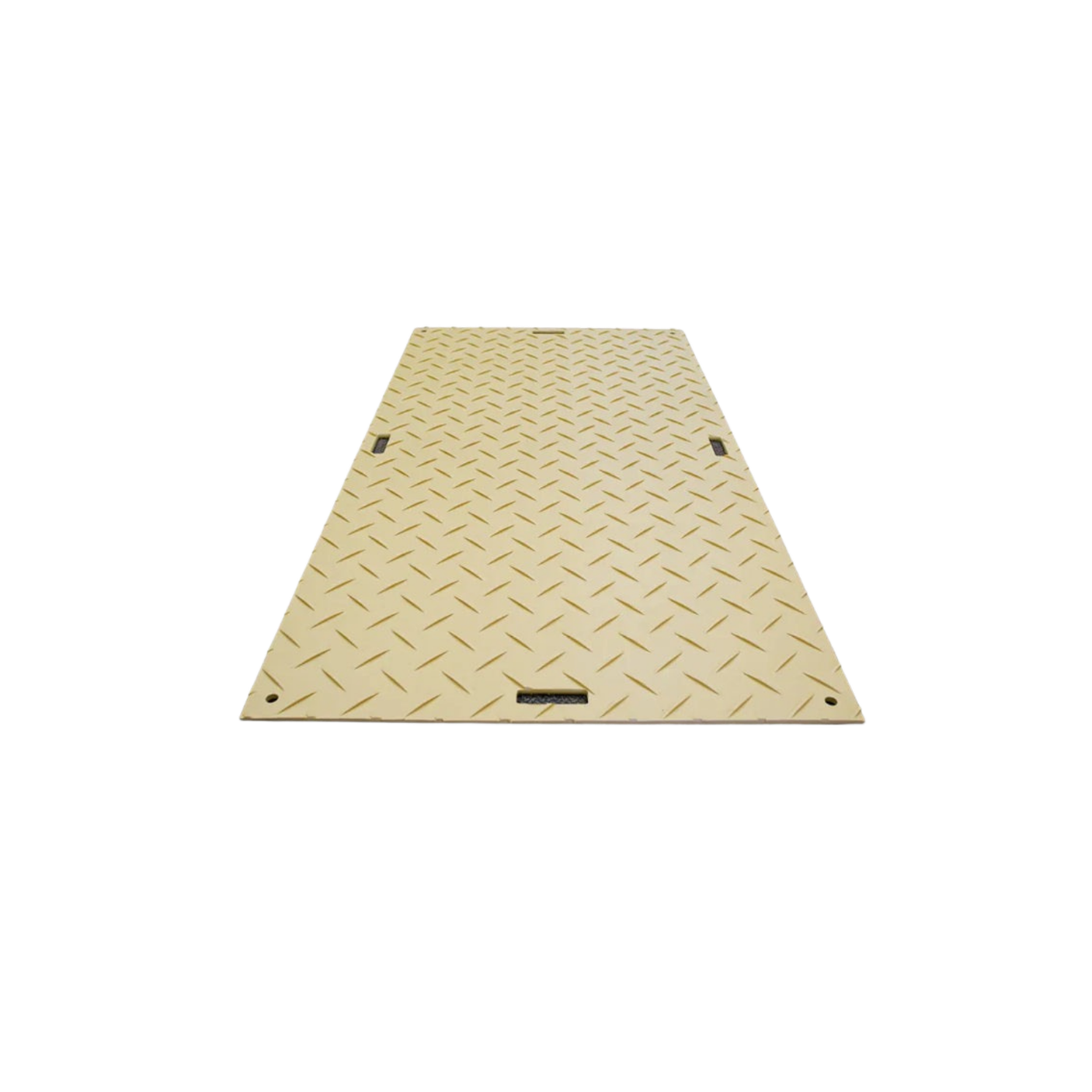 A metal platform with diamond pattern and four black handles, viewed from above.