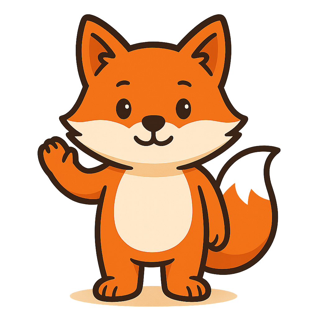 A cartoon fox standing upright, smiling, and waving with its right paw, with an orange coat, white belly, face, and tip of its tail.