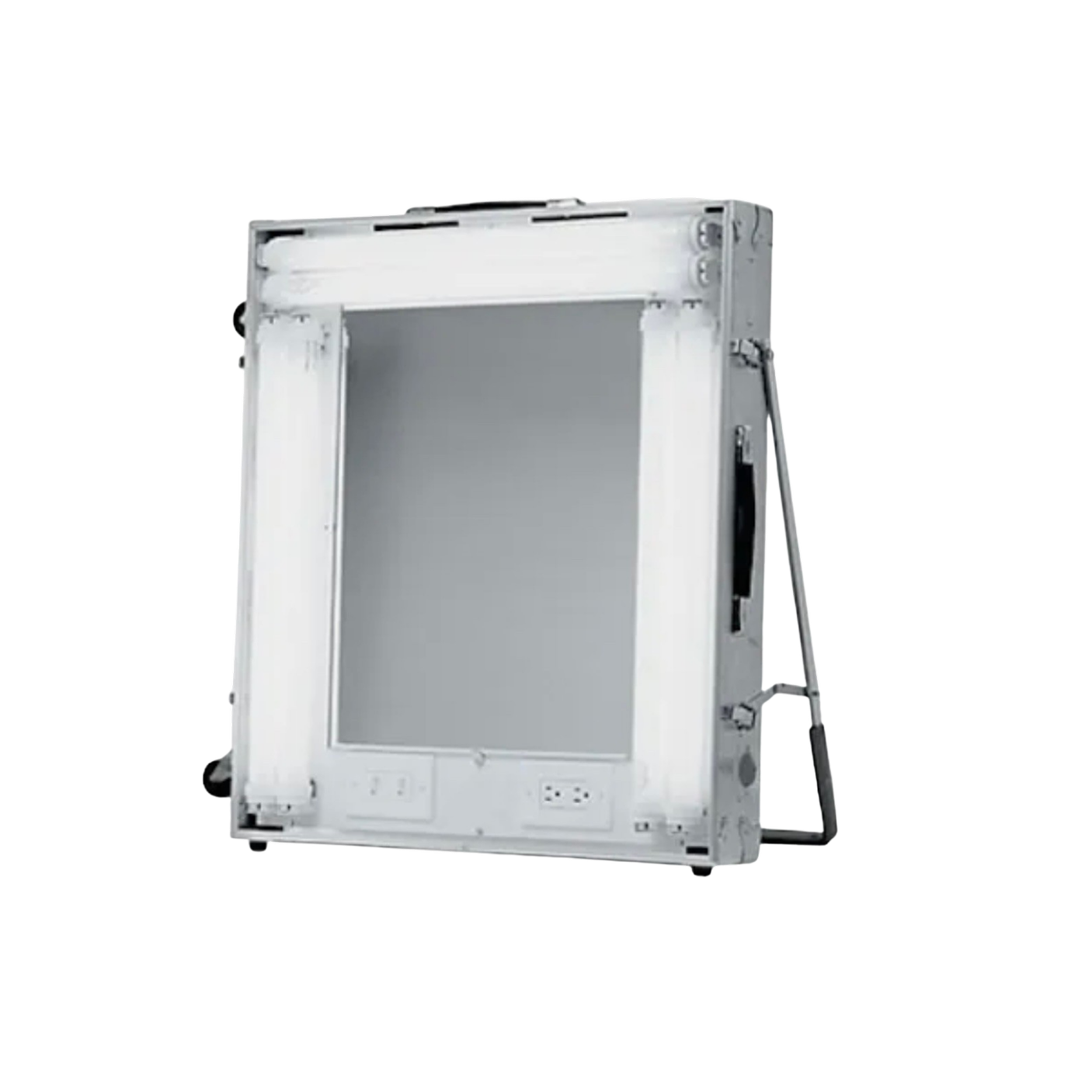 An empty, wall-mounted, white display case with a black background.