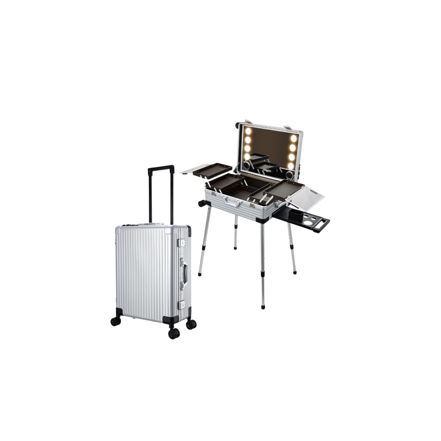 A silver rolling suitcase and a portable makeup or hair styling case with a mirror surrounded by lights, open to reveal storage compartments.
