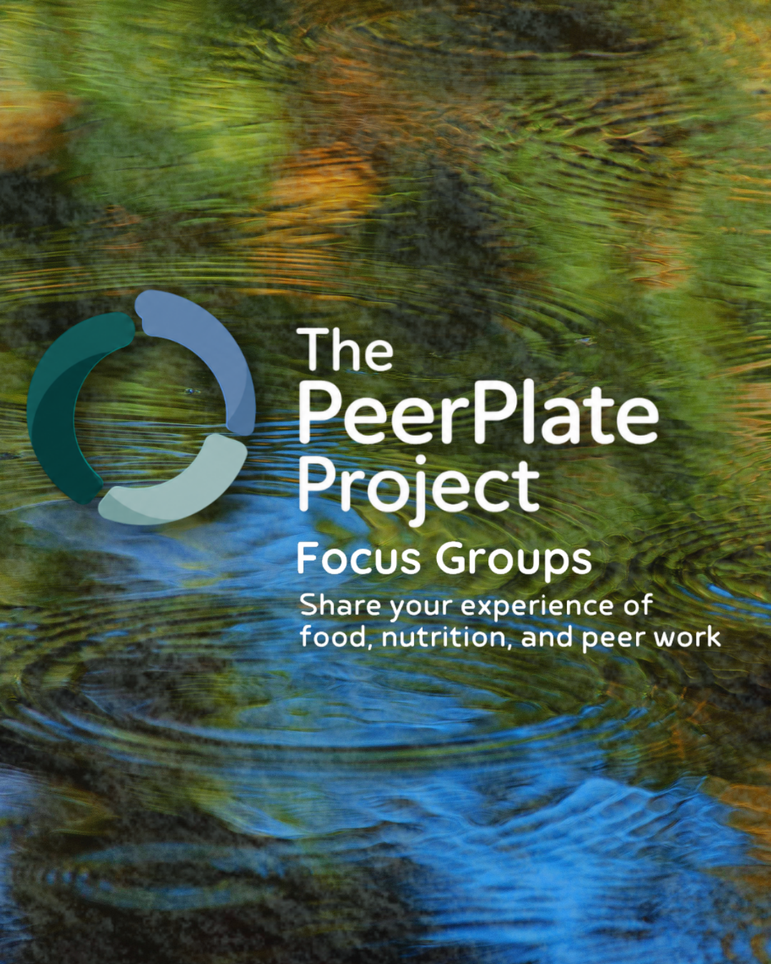 Cover image for The PeerPlate Project focus groups, showing a circular logo with shades of blue and green, over a background of blurred water and green foliage, with text inviting sharing of experiences related to food, nutrition, and peer work.