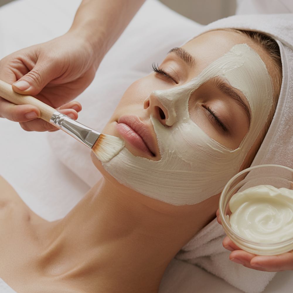 A woman lying down with her eyes closed, receiving a facial mask treatment at a spa. A person is applying a cream mask with a brush, and another hand holds a bowl of cream.