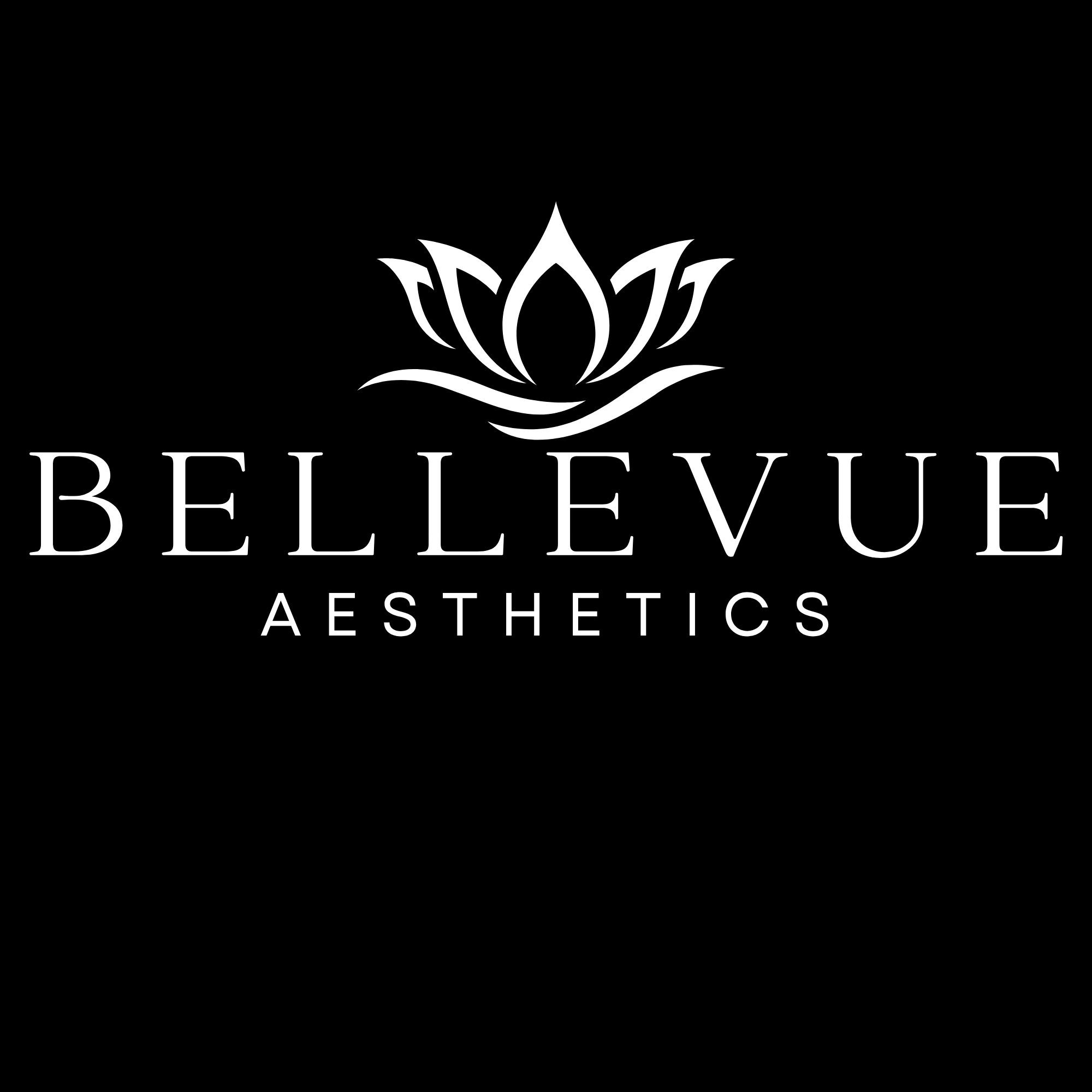 Black logo for Bellevue Aesthetics with a white lotus flower above the words 'BELLEVUE AESTHETICS' in white capital letters, set against a black background.