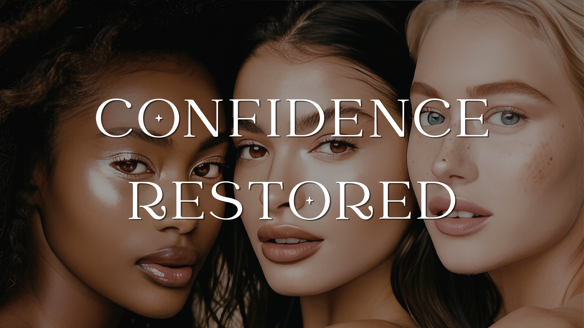 Close-up of three women of different ethnicities with confident expressions, with text overlay reading "Confidence Restored".