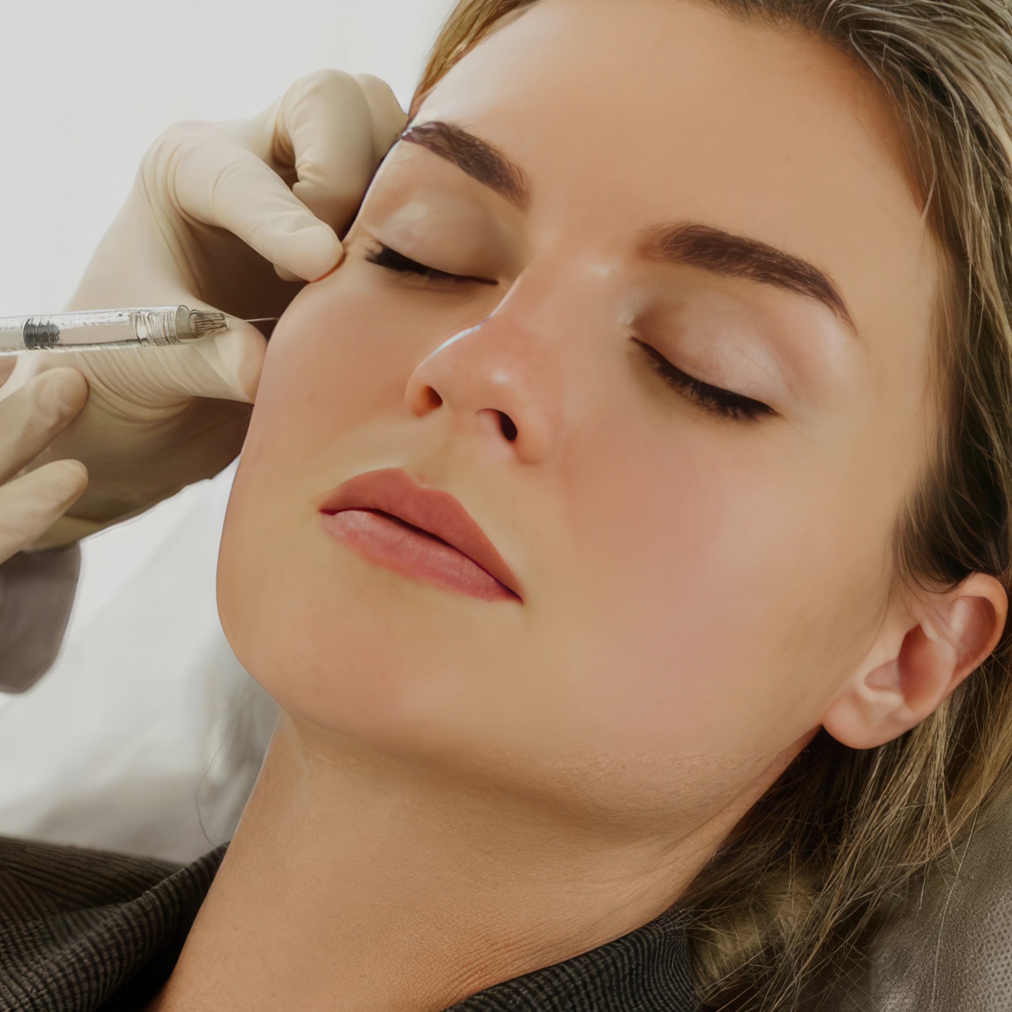 A woman with closed eyes receiving a cosmetic or medical injection on her face, wearing glasses and gloves.