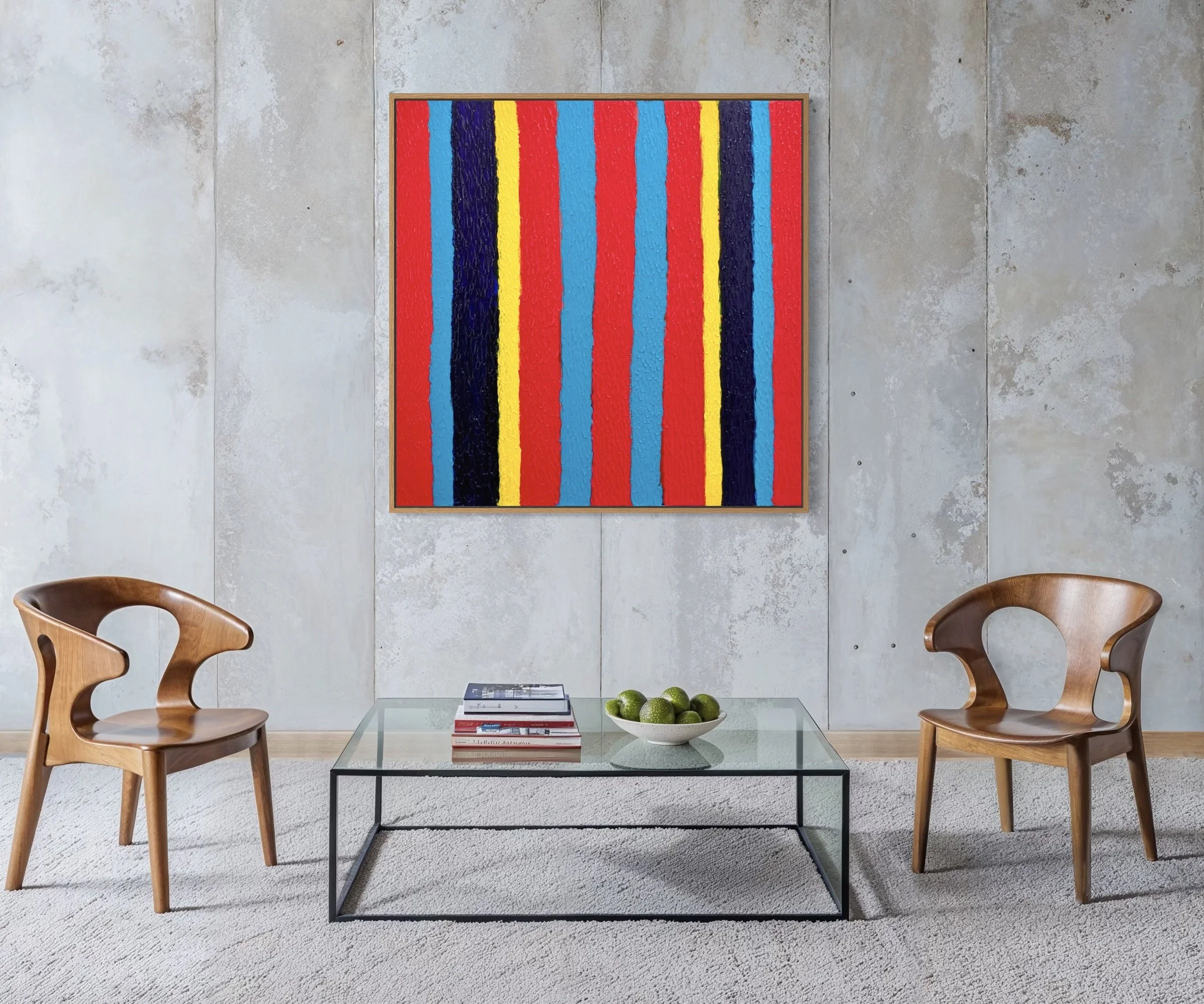 Interior room with modern abstract painting, SHIELD by Paul Bell, on a light textured wall. Two wooden chairs with curved backs either side of a glass coffee table with a bowl of green apples and books.