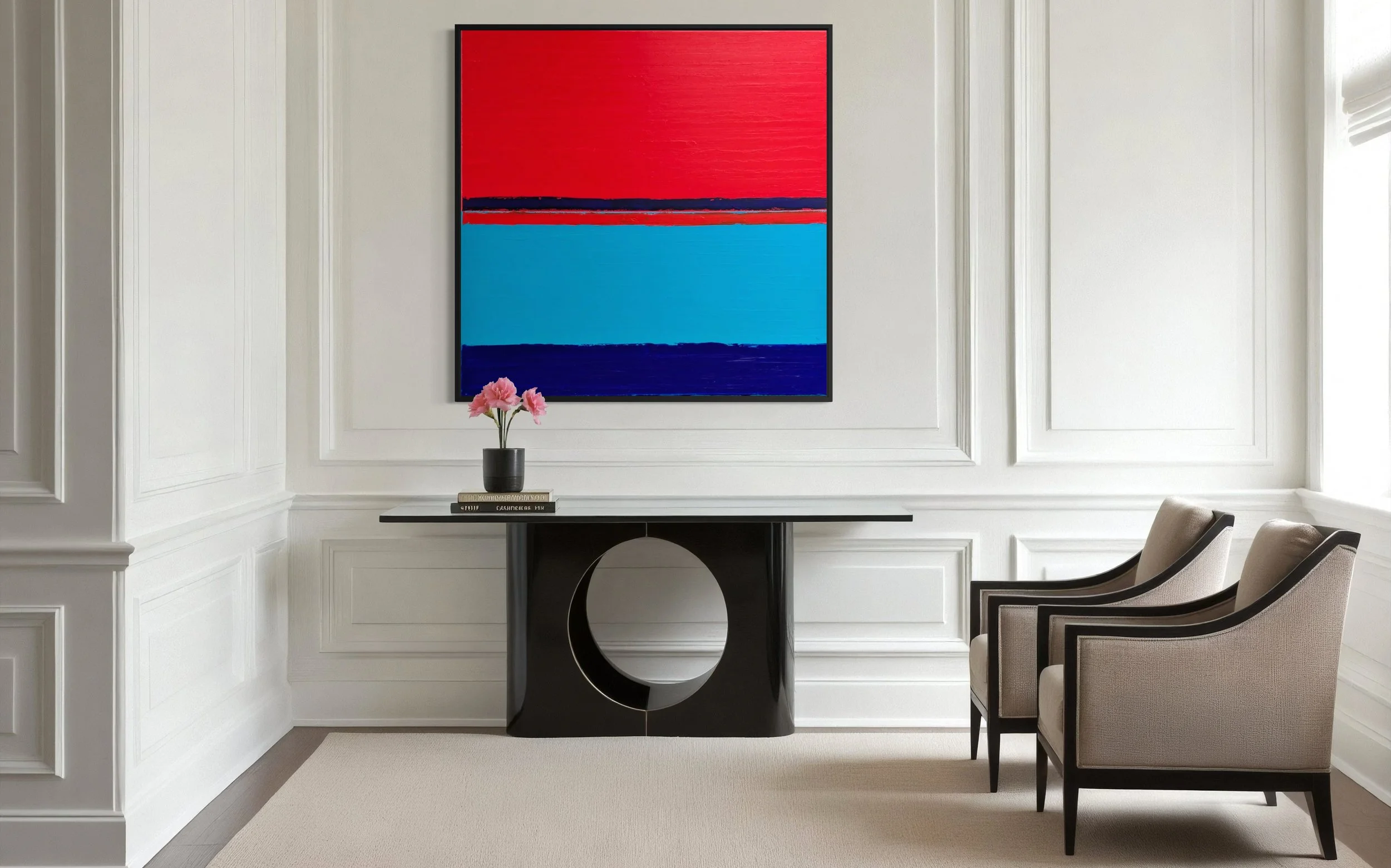 Modern living room with white wall panelling, a large framed abstract painting THE CROSSING by Paul Bell with red and blue horizontal stripes, a black console table with a vase of pink flowers, and beige armchairs.