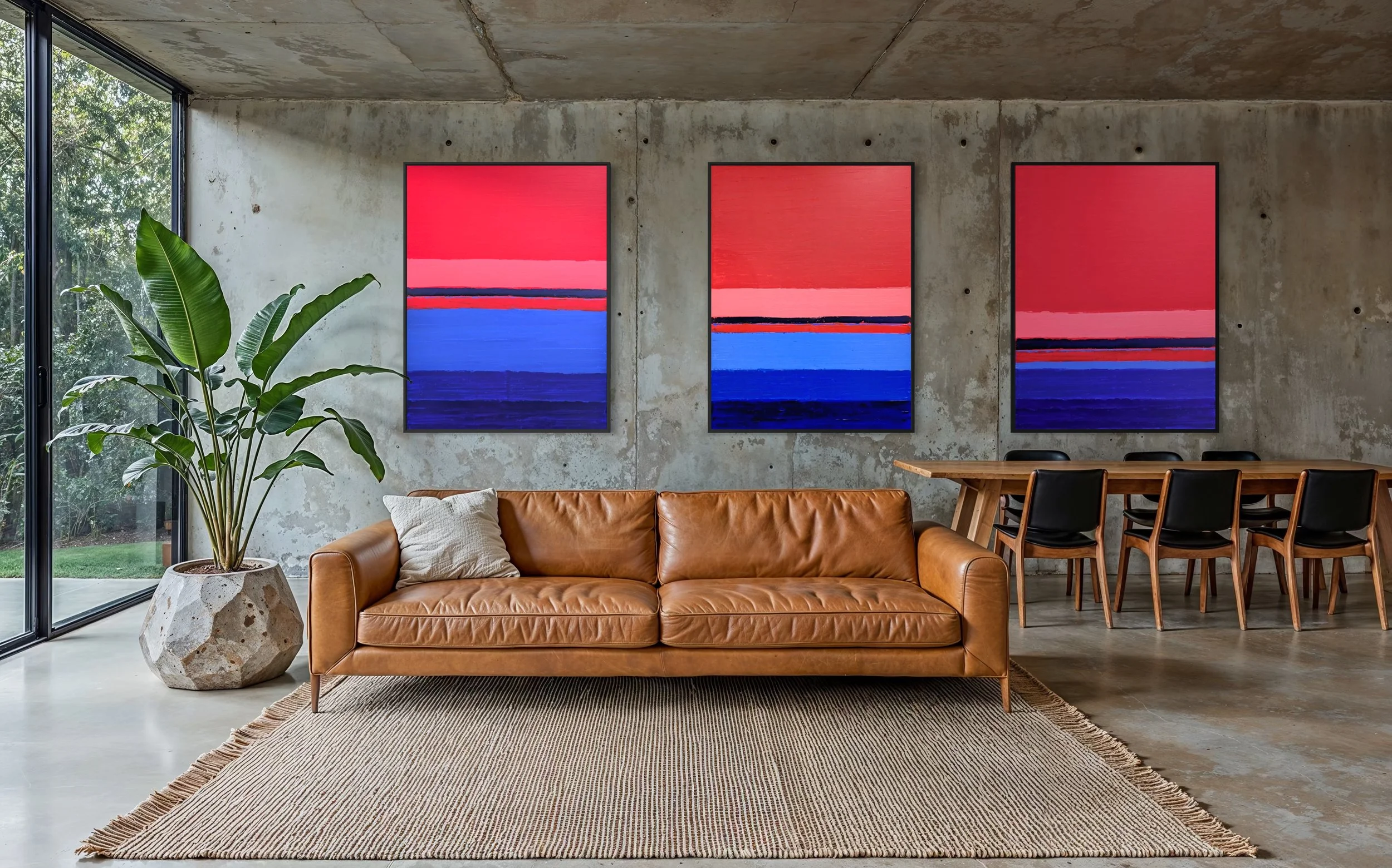 Modern living room with a brown leather sofa, large potted plant, concrete wall adorned with three abstract landscape paintings STILL, SILENT & SERENE by Paul Bell. Dining area with black chairs, a wooden table.