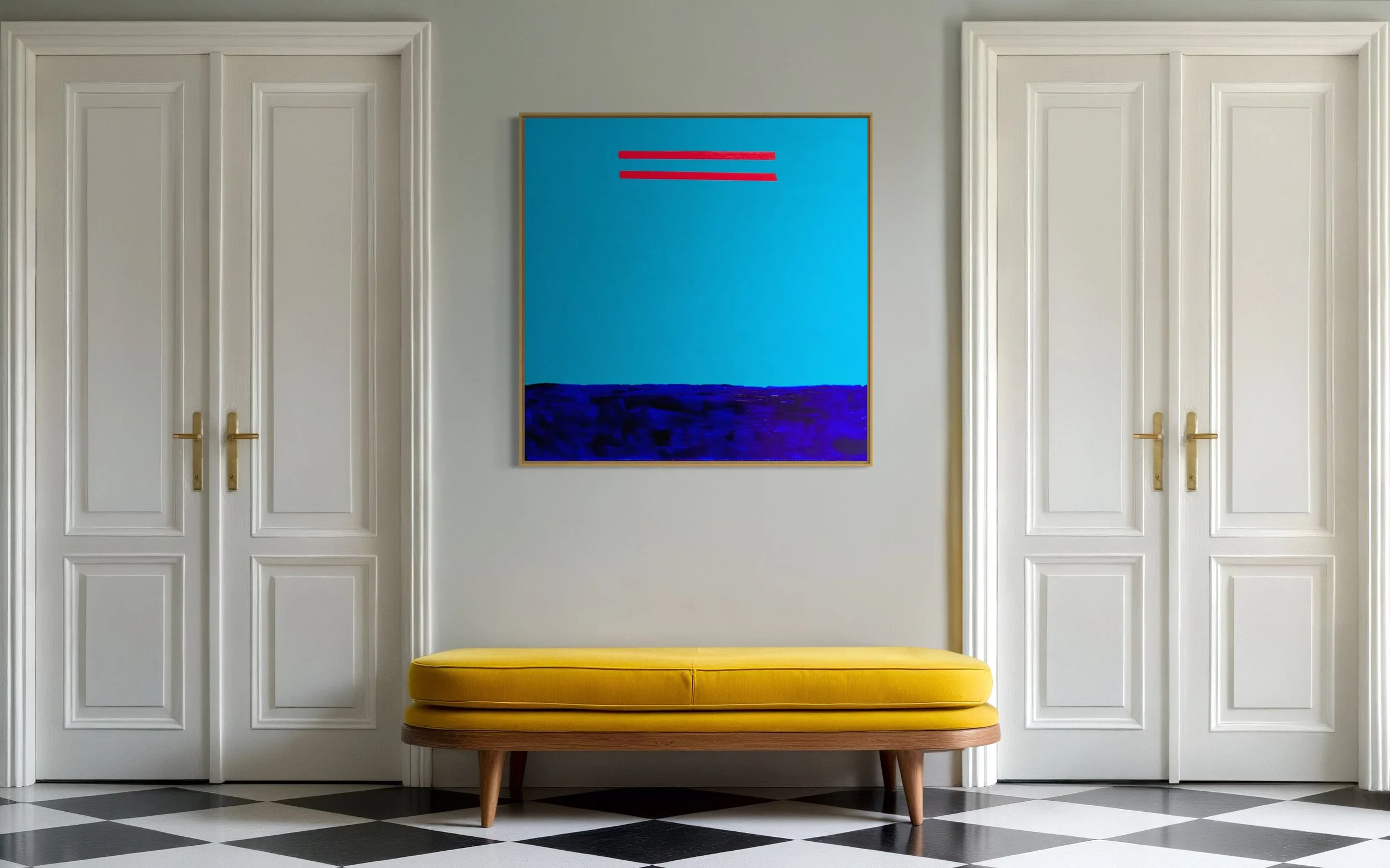 Interior hallway with two white panelled doors, a yellow bench, and a colourful abstract painting, HORIZON by Paul Bell on the wall between the doors. The floor has a black and white checkered pattern.