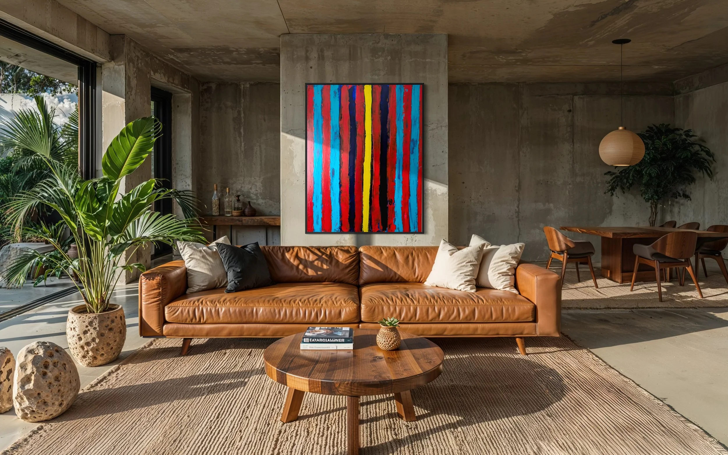Modern living room with large concrete walls, a leather sofa with pillows, a round wooden coffee table, green plants, an abstract colourful painting, TOTEM by Paul Bell, and a dining area with wooden chairs.