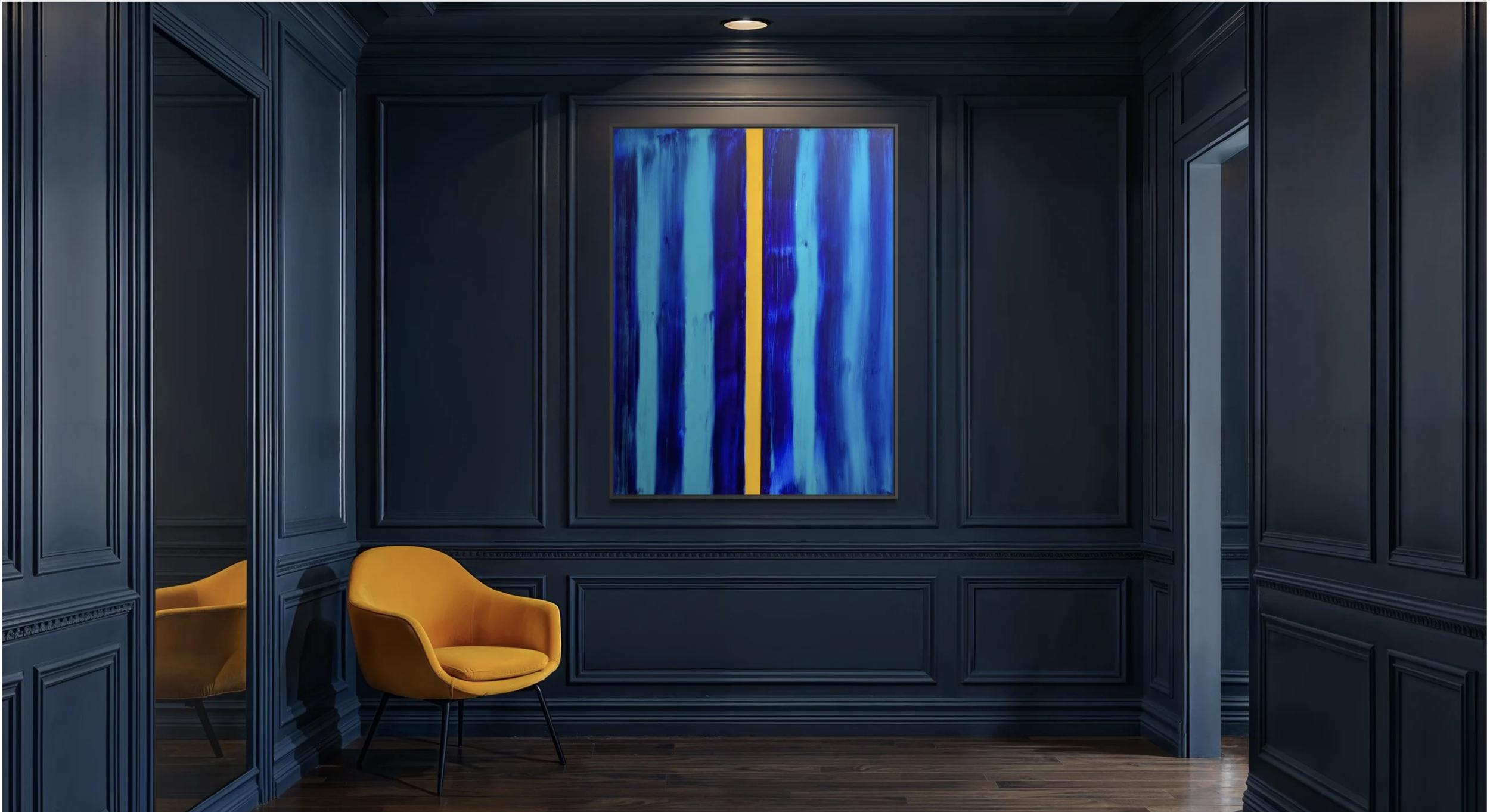 A dark blue panelled sitting area with modern abstract painting SPINE by Paul Bell featuring blue and yellow colours, a yellow chair, and a doorway.