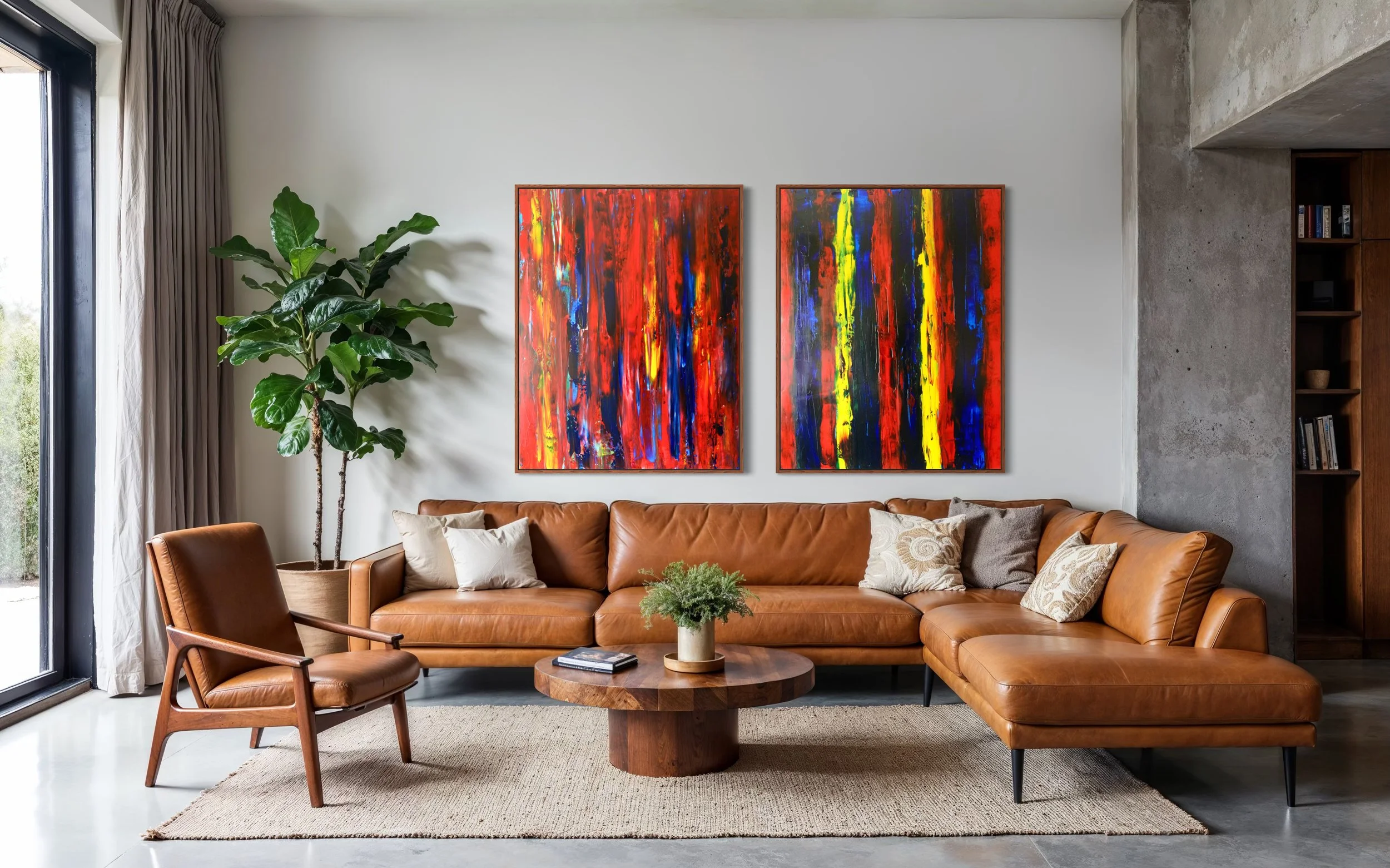 A well-lit modern living room with patio door to the left, low brown leather sofa and chairs, potted plant, marble floor and just rug. Two abstract paintings, ALIVE & FANFARE by Paul Bell on a white wall.