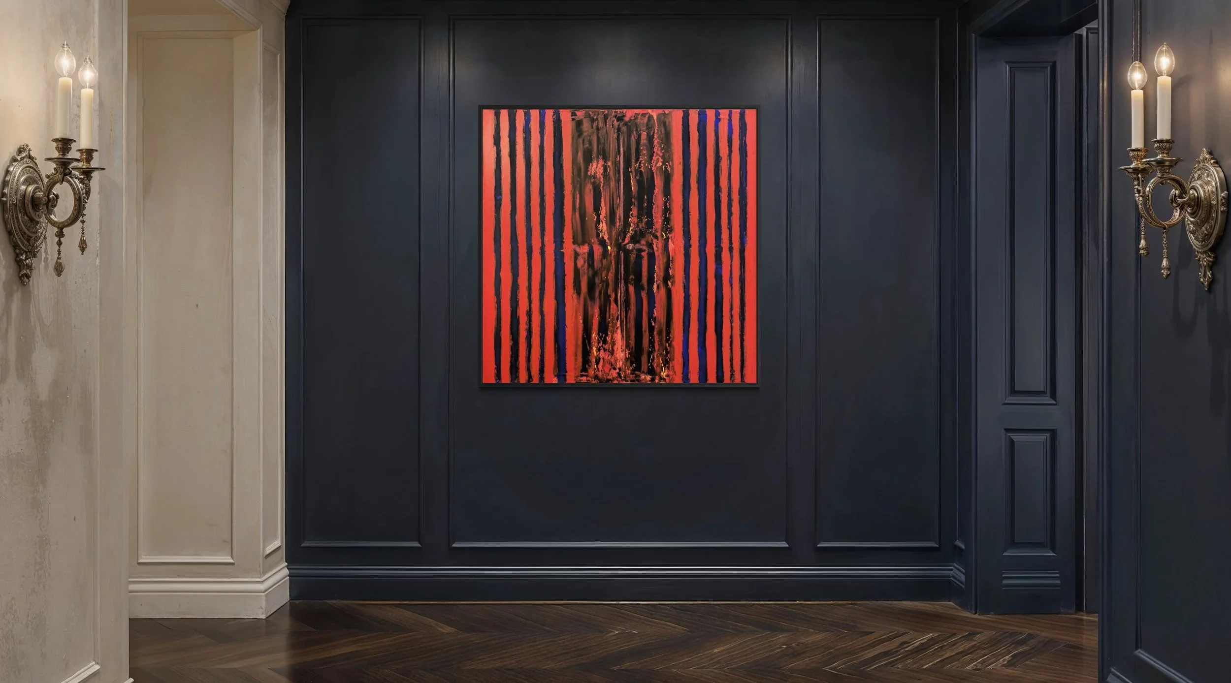 Interior of a hallway with dark panelled walls, framed artwork THE SPACE BETWEEN by Paul Bell with red and black vertical stripes, ornate gold wall sconces with candles on both sides, and a dark wood floor.