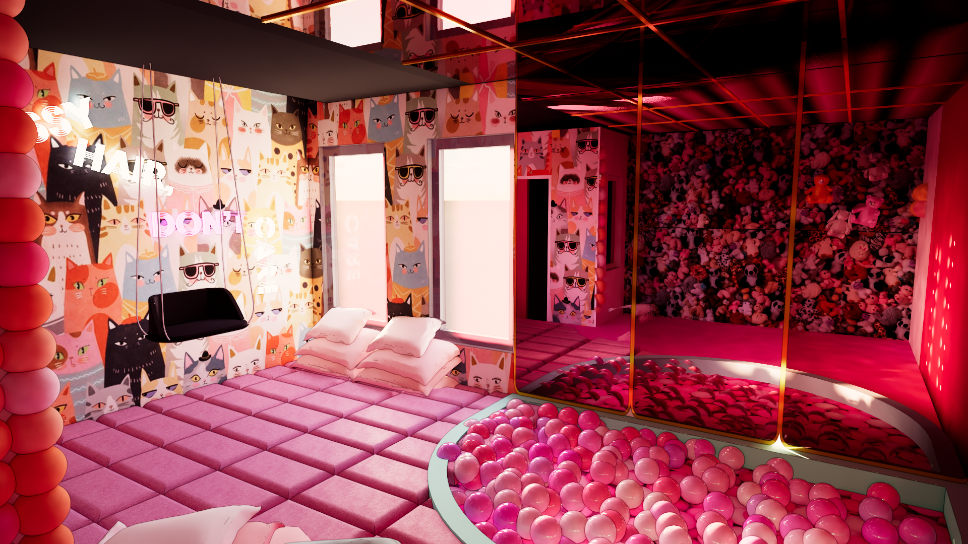 Pink lounge room with cat-patterned walls, a ball pit, floor cushions, and mirrored surfaces.