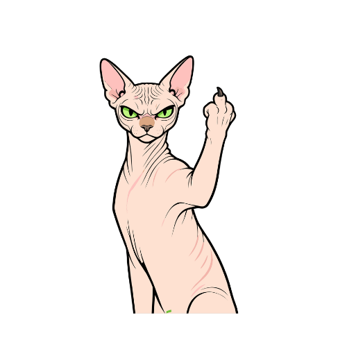 Illustration of a white sphynx cat standing upright and waving on a yellow background.