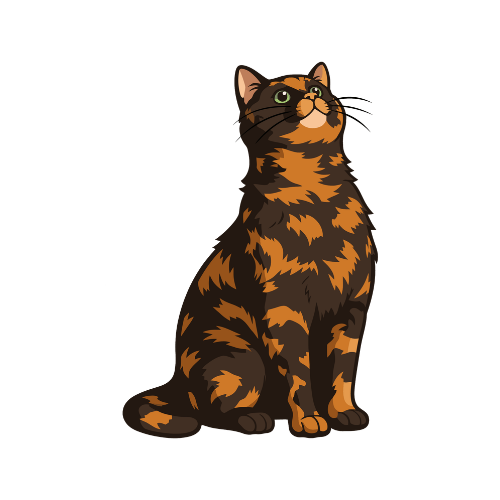 Illustrated tortoiseshell cat sitting proudly against a yellow background, one of the playful mascots used by a rage room alhambra entertainment venue.