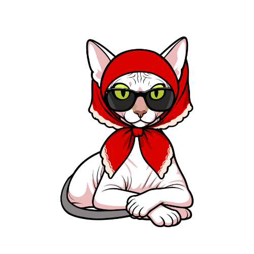 Cartoon cat wearing a red hood and glasses while sitting calmly on a yellow background, a whimsical brand character for rage rooms in la.