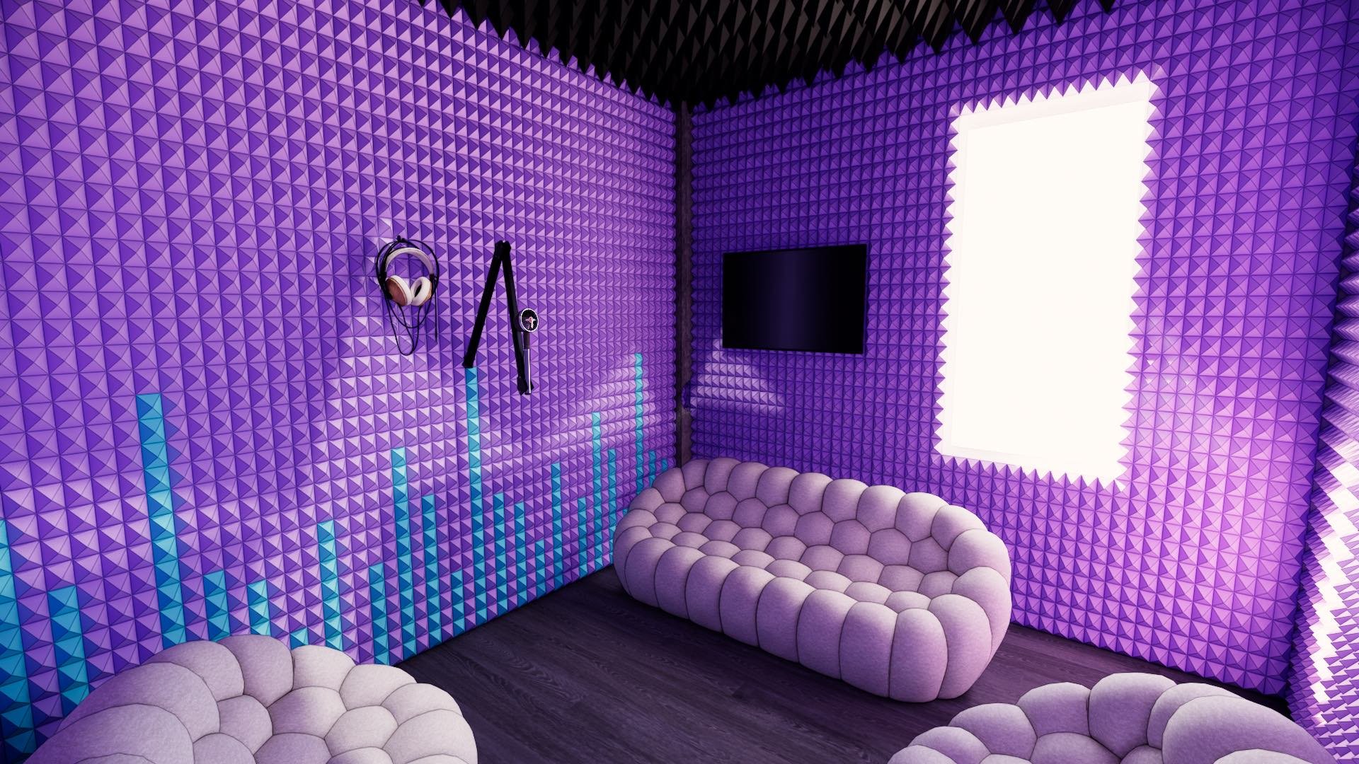 Cozy purple-themed relaxation room with acoustic wall panels, plush seating, wall-mounted screen, and headphones inside a rage room la facility.