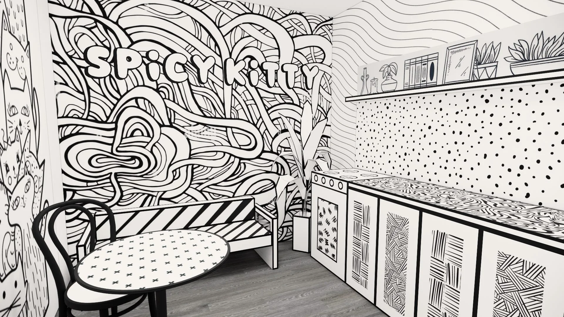 Artistic black-and-white lounge featuring abstract mural walls, café-style seating, and decorative patterns within a creative rage room alhambra venue.