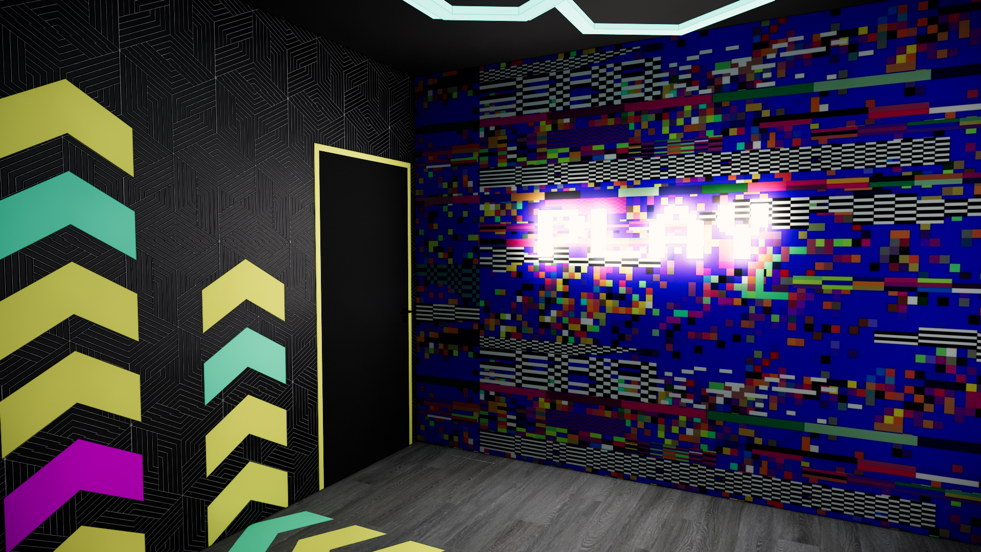 Colorful glitch-inspired room with geometric wall graphics and illuminated “SMASH” sign leading to a unique rage rooms in la attraction.