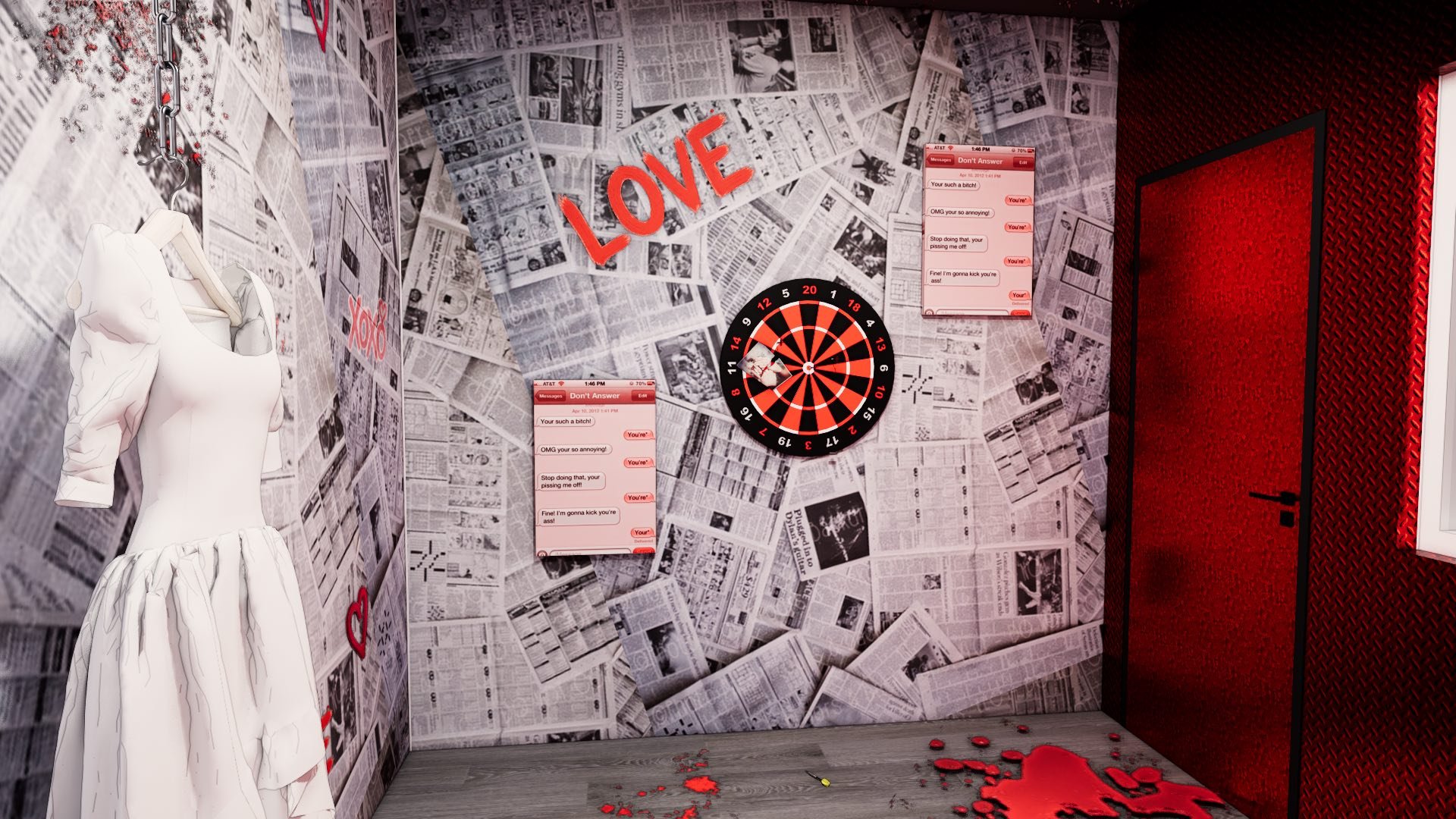 Interactive room covered in newspaper clippings featuring a dartboard and themed challenge displays, part of a creative rage room los angeles experience.