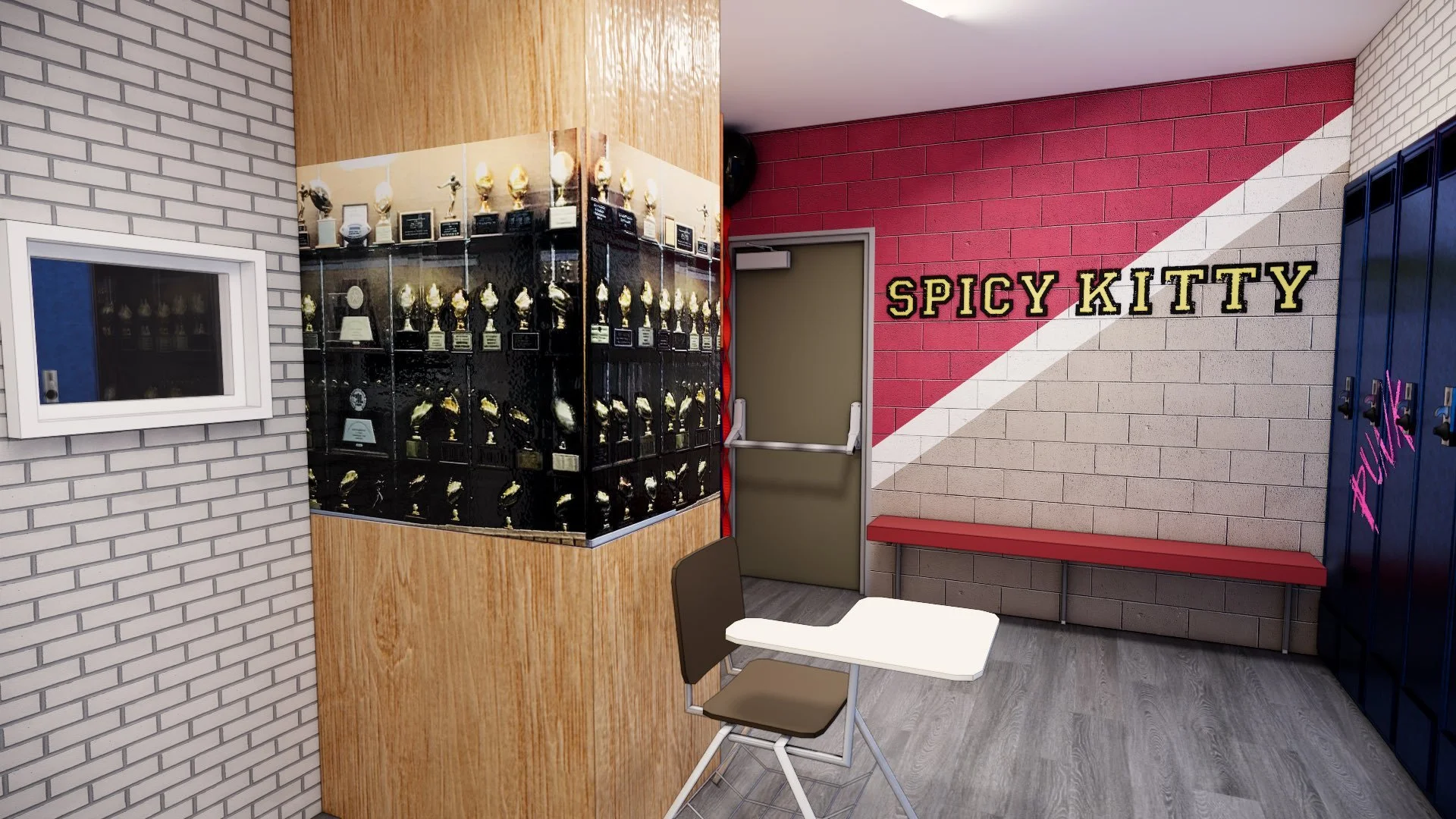 Entrance hallway featuring trophy cases, bench seating, and Spicy Kitty branding inside a popular rage room la destination.