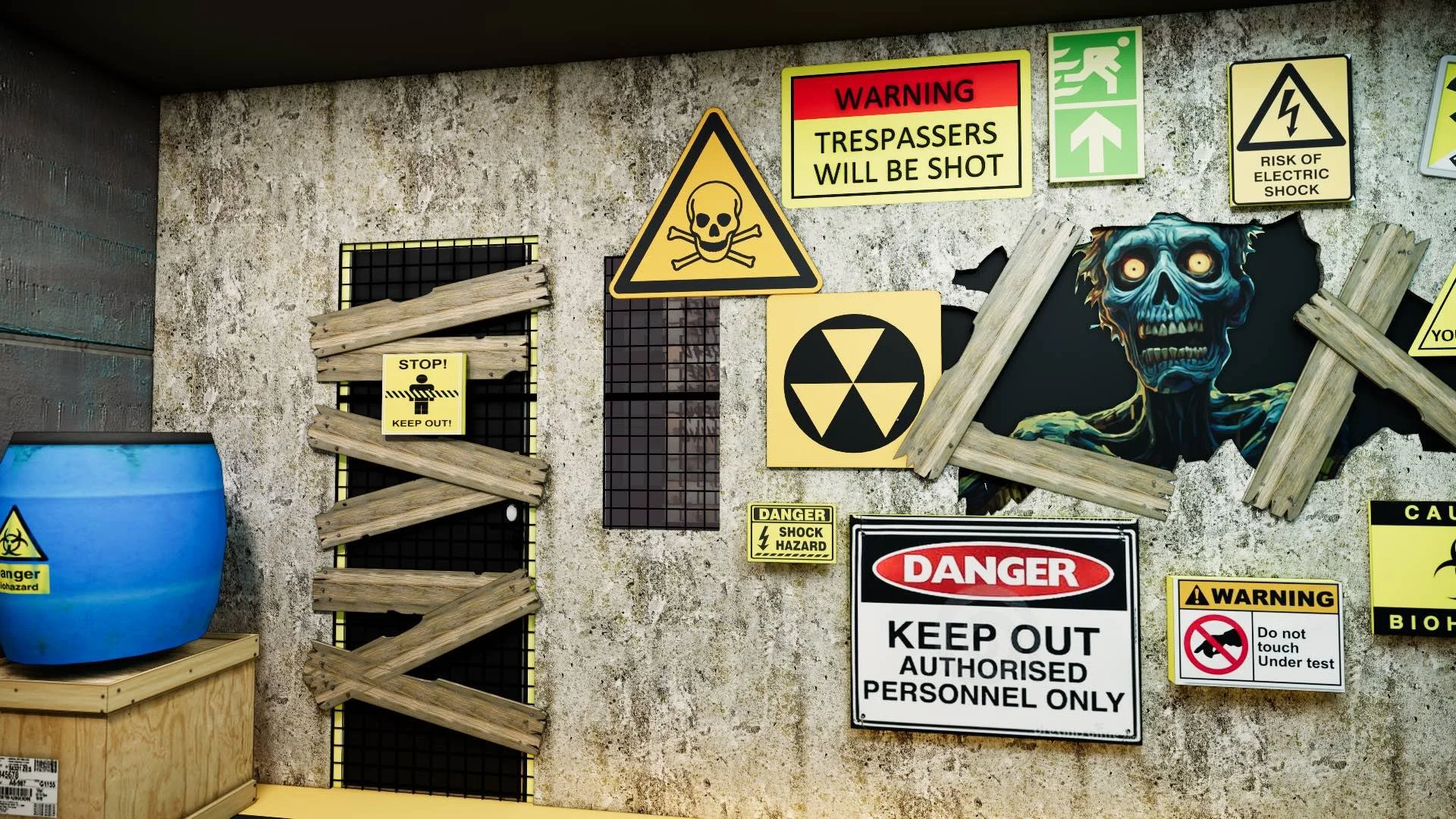 Industrial-style room decorated with warning signs, boarded windows, hazard symbols, and zombie artwork, adding immersive fun to a rage room alhambra experience.