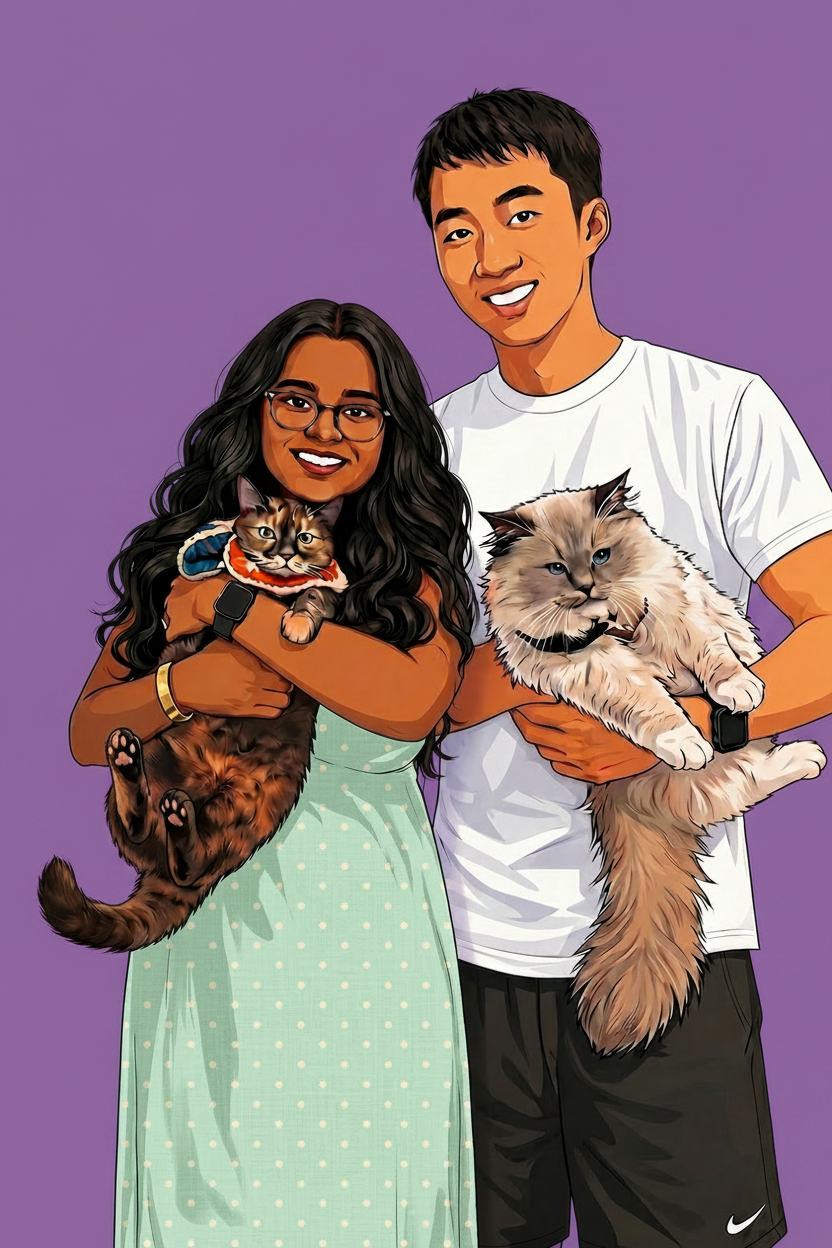 Illustrated portrait of the two smiling founders holding fluffy cats against a purple background, showcasing the personalities behind the Spicy Kitty rage rooms in la brand.