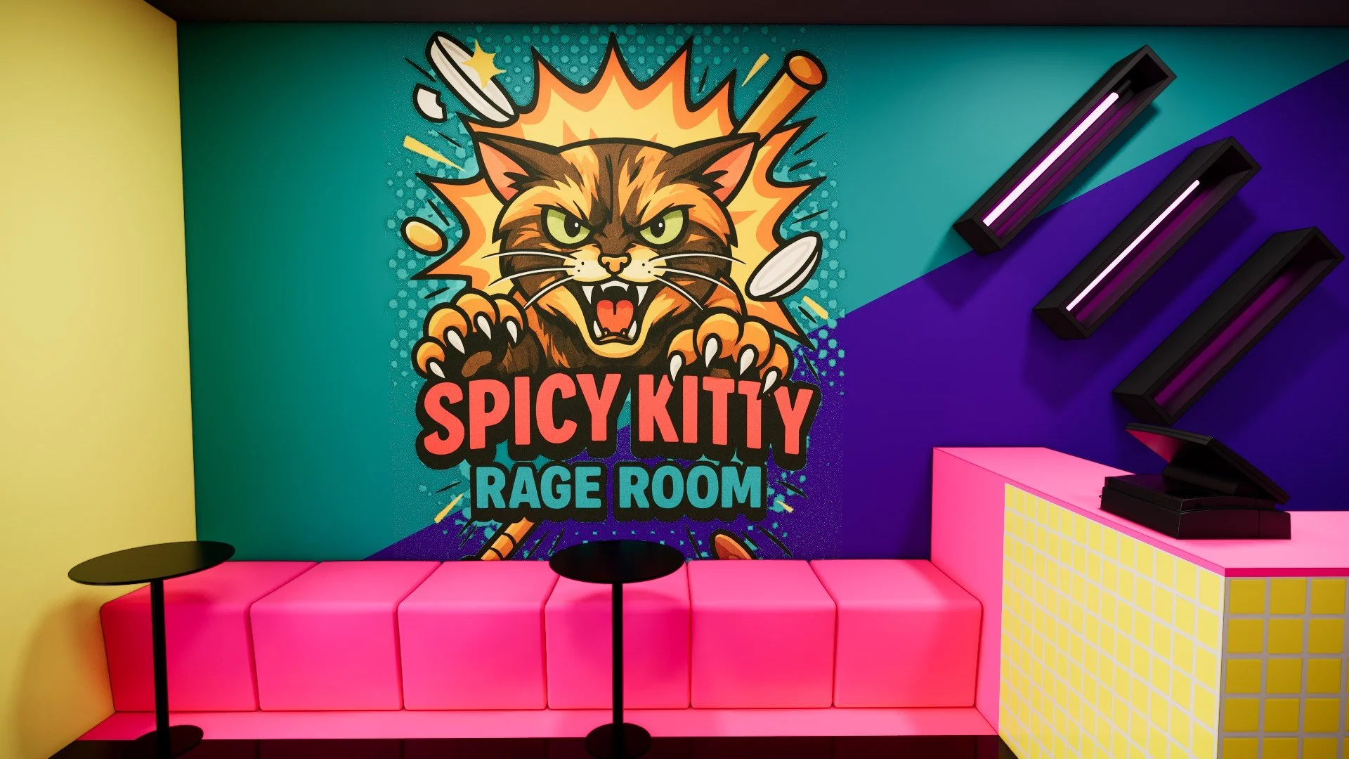 Large wall mural featuring the Spicy Kitty Rage Room Pasadena logo with an angry cat above bright pink seating.