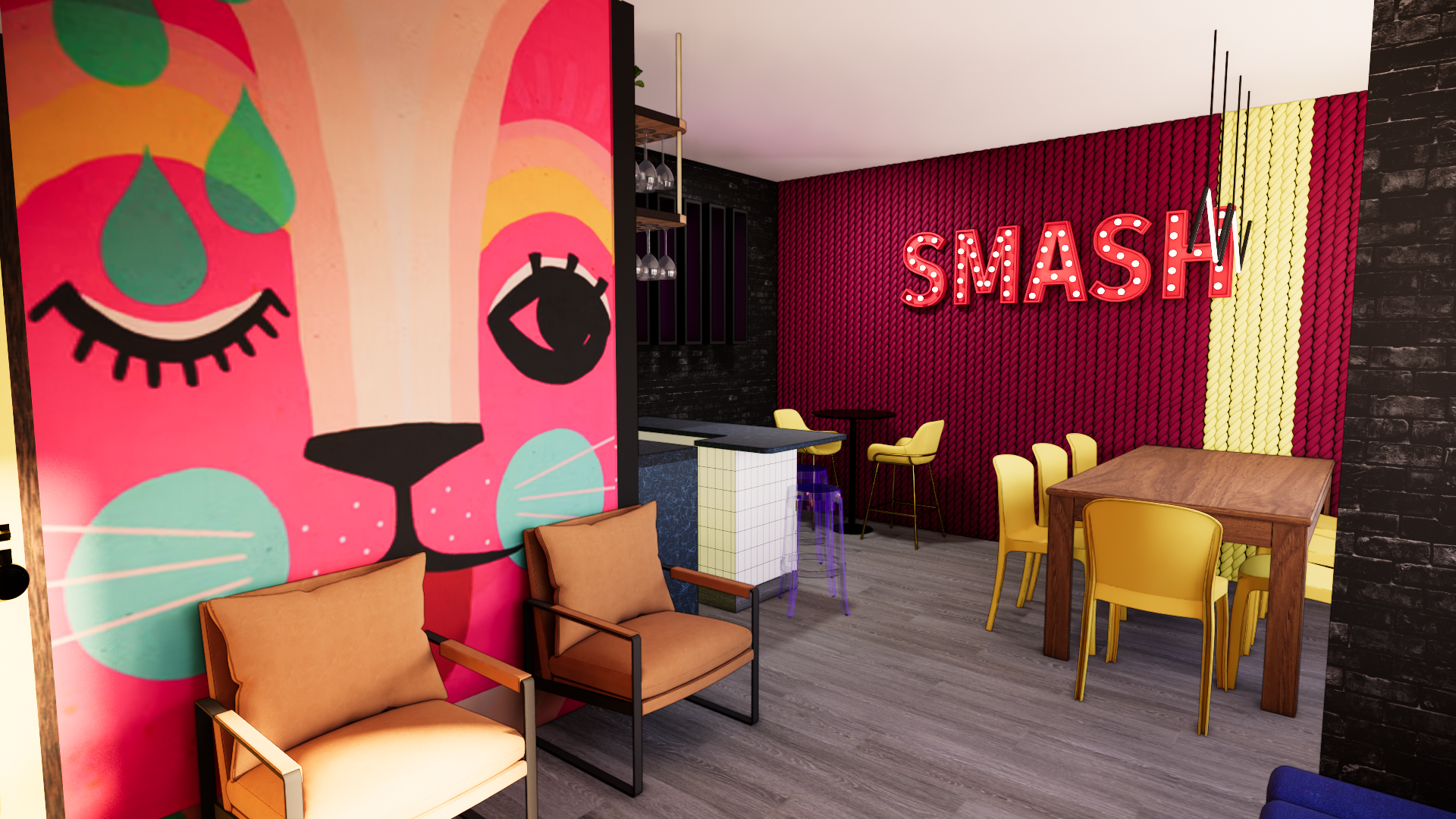 Colorful lounge space with dining tables, bar seating, wall art, and a glowing “SMASH!” sign. Spicy Kitty Rage Room near Pasadena.