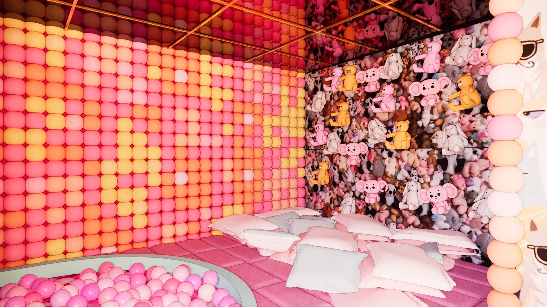 Cozy pink room with a ball pit, floor cushions, mirrored ceiling, and teddy bear-themed wall art.