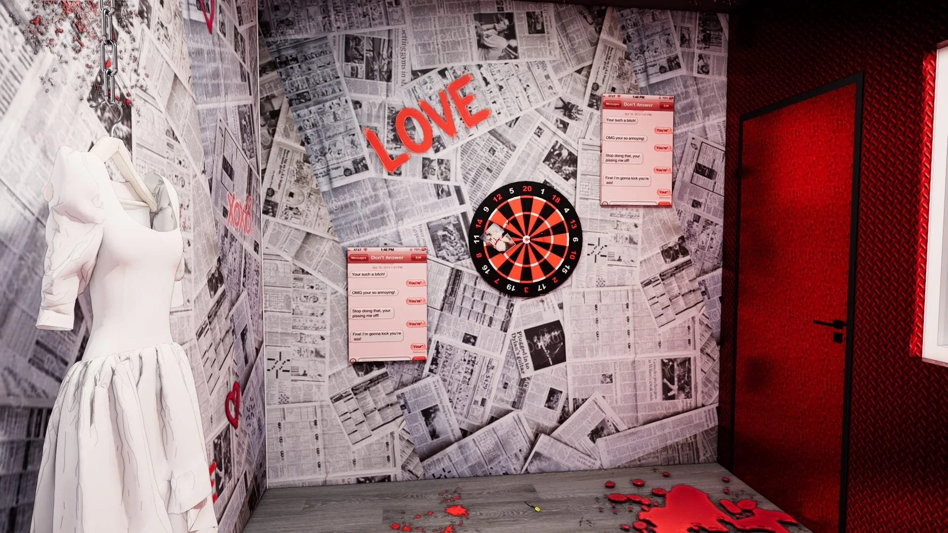 Room covered in newspaper clippings with a dartboard, wall-mounted challenges, and red accent details.