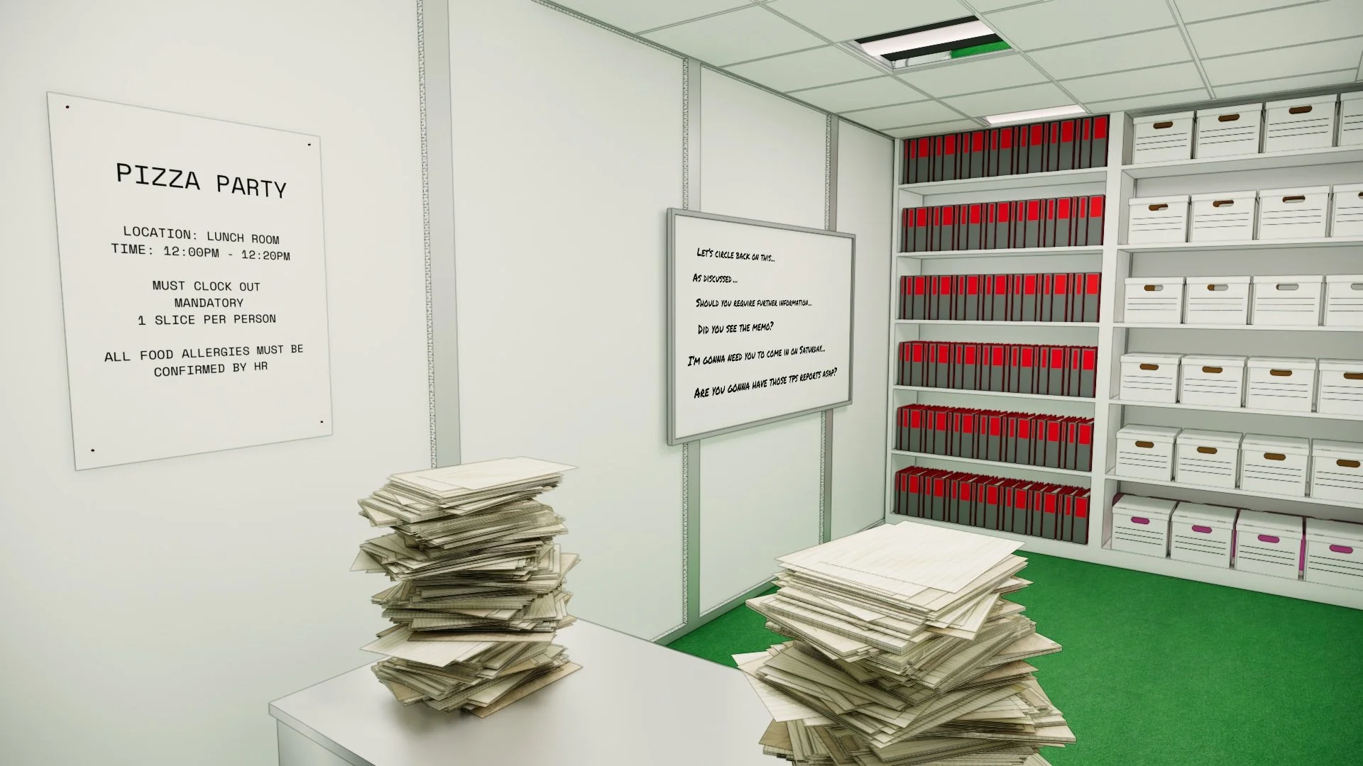 White office-style room with stacks of papers, filing shelves, and a whiteboard.
