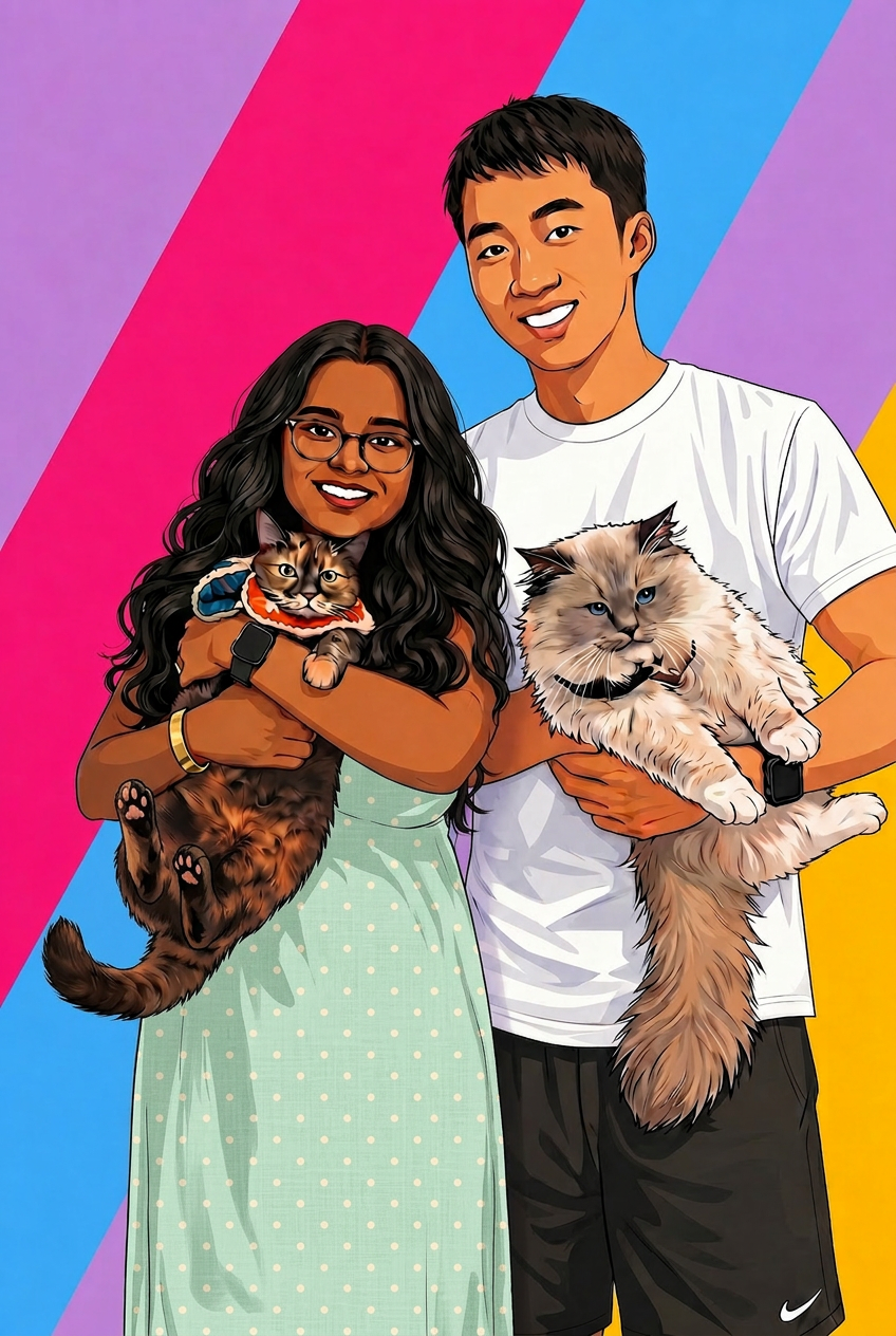 Illustrated Joan and Youdong smiling while holding two fluffy cats against a colorful background.