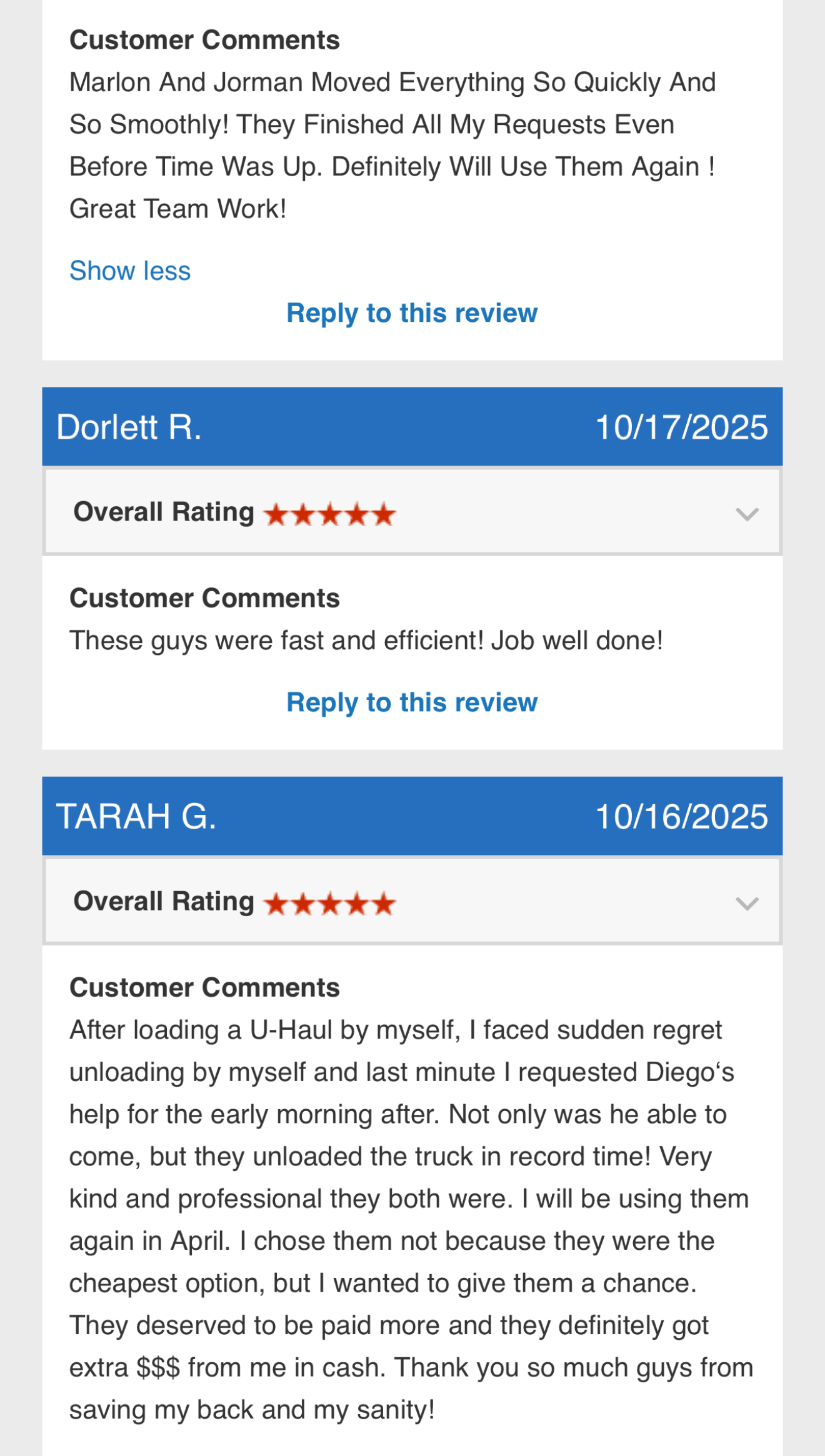 Screenshots of customer reviews on an online platform, showing star ratings and comments praising a moving service team for efficiency and professionalism.