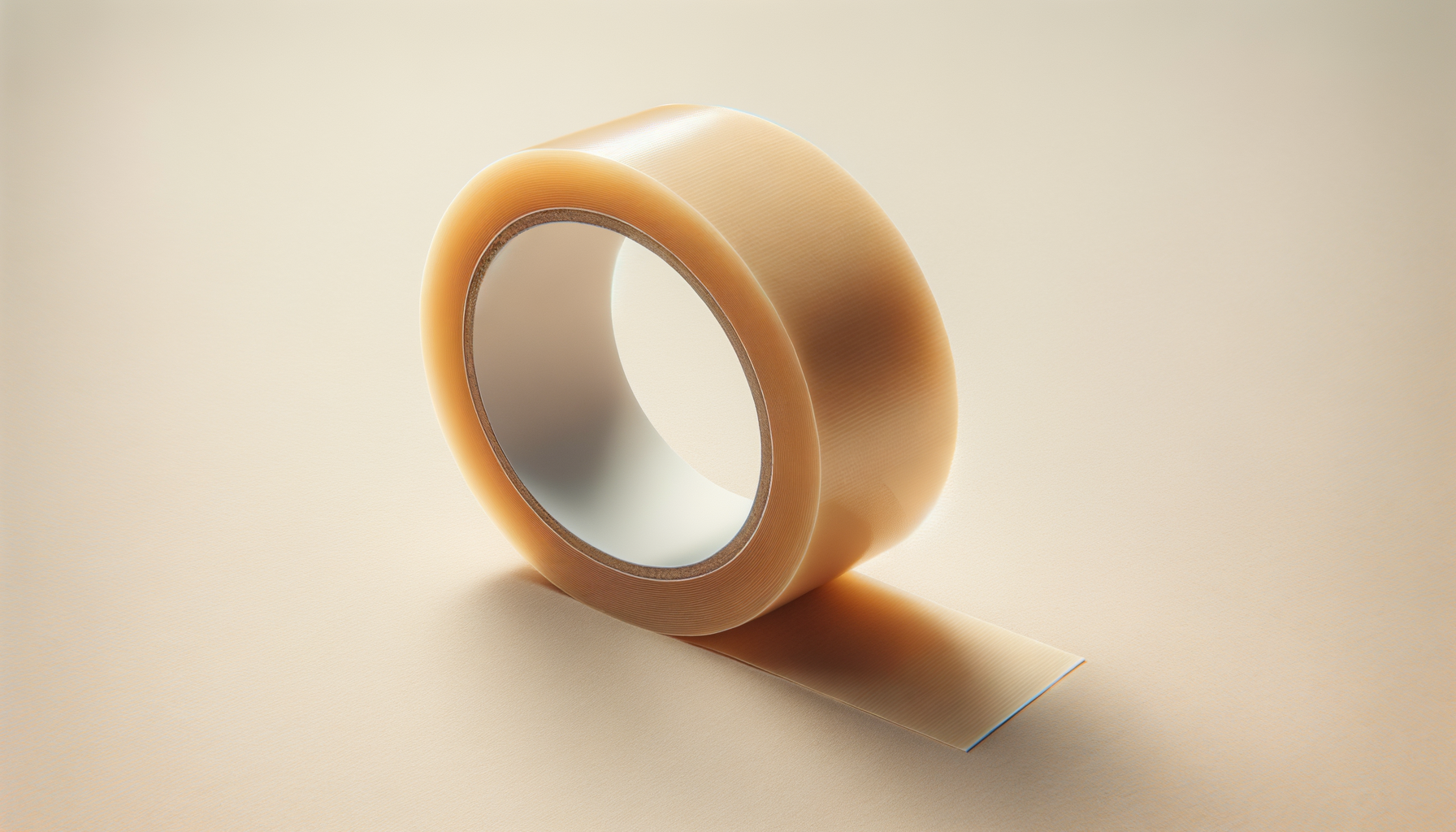 A roll of beige adhesive tape partially unspooled on a beige background.