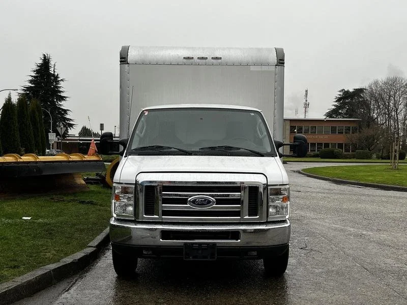 Front view of a white Ford cargo truck parked on a paved area with grass and trees around.