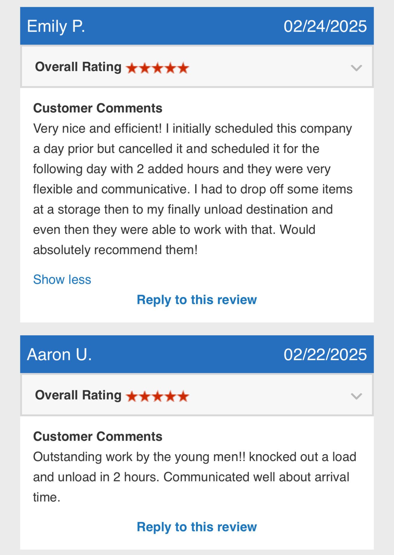 Online reviews from Emily P. and Aaron U. with dates, overall ratings, and customer comments about a service, showing high satisfaction.