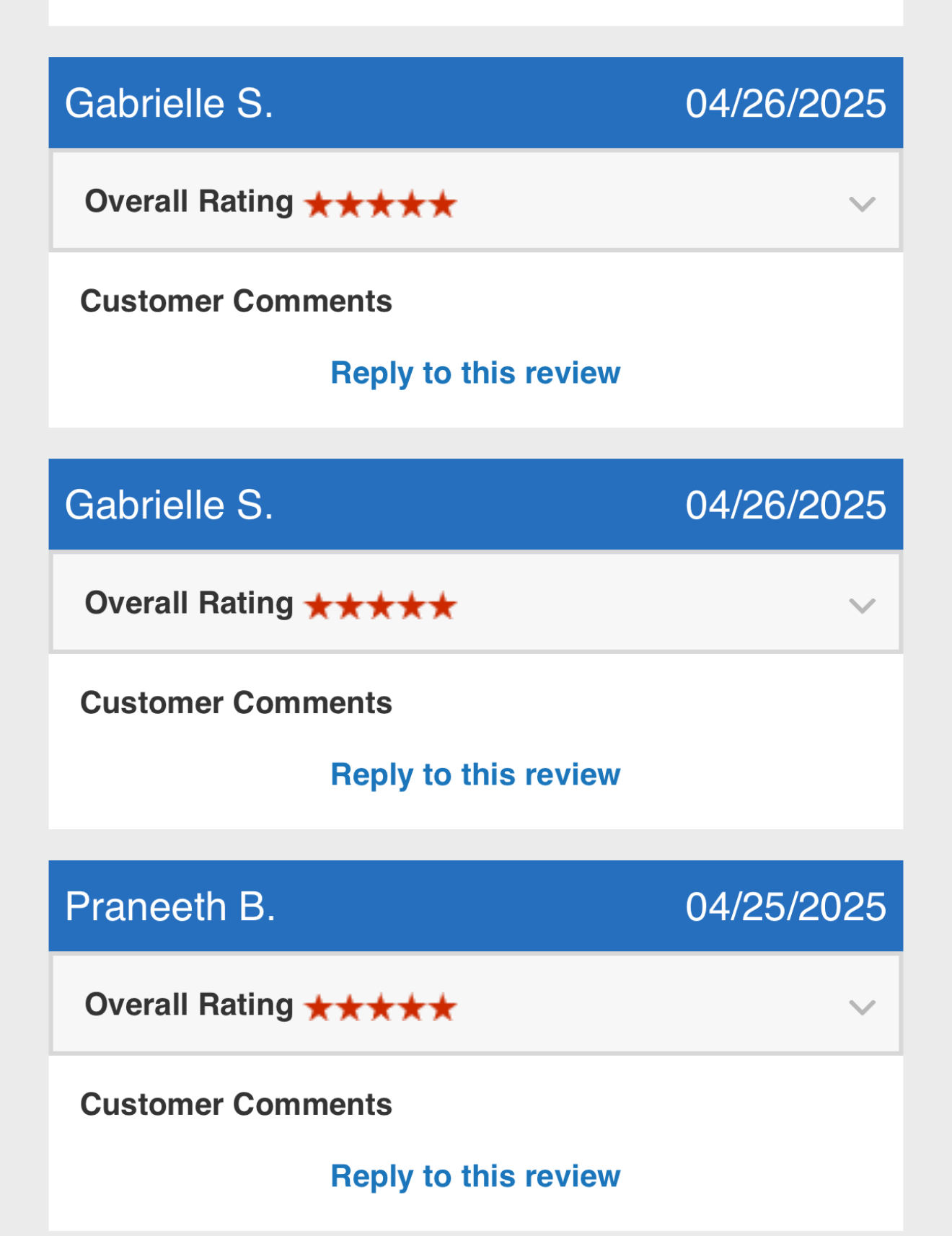 Screenshots of customer reviews for a product, showing customer names, review dates, overall ratings with stars, and space for comments.
