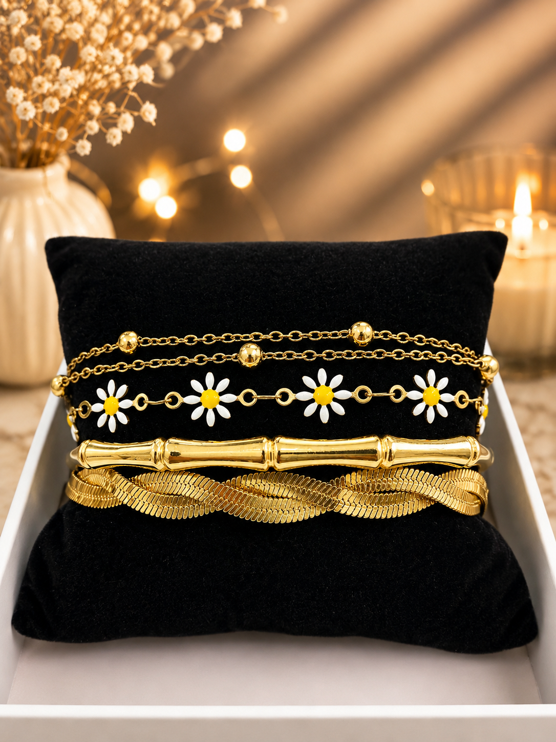 Gold Bracelet Stack Flower