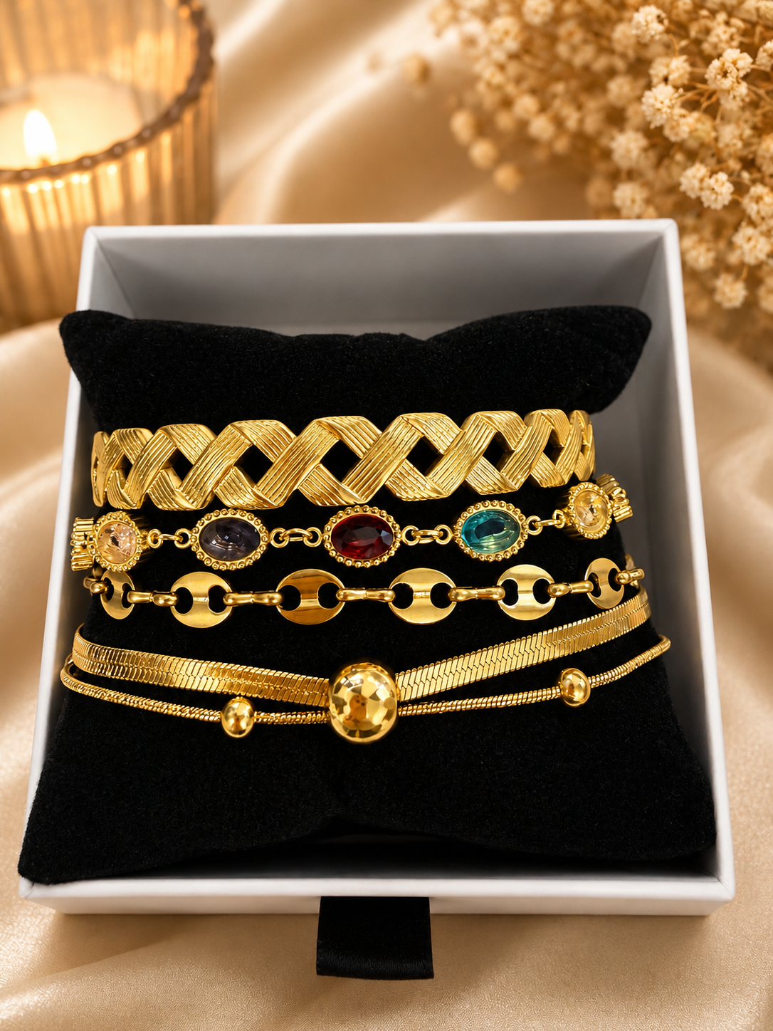Gold Bracelet Stack Coloured Cubic Zirconia