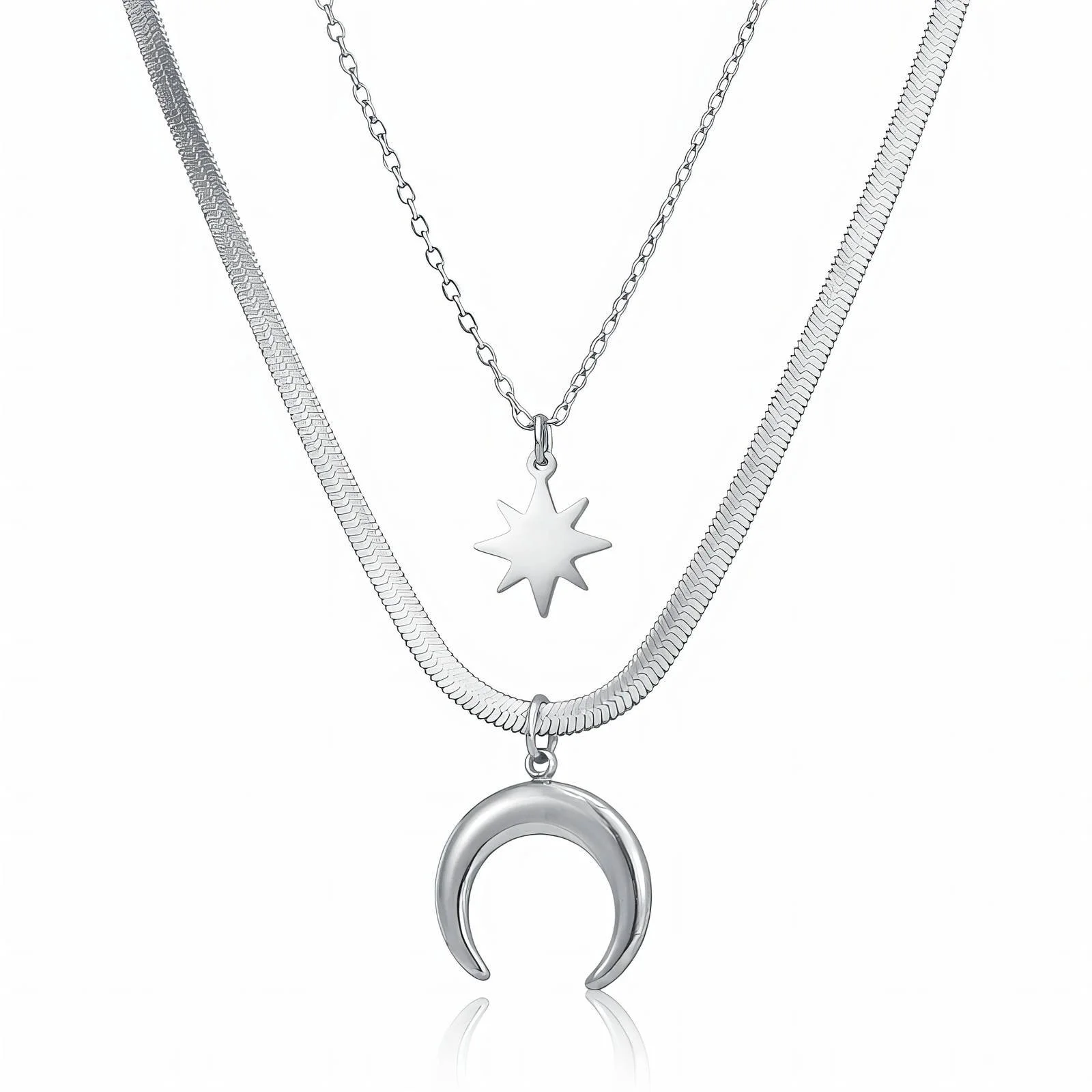 Silver moon and star double necklace stack