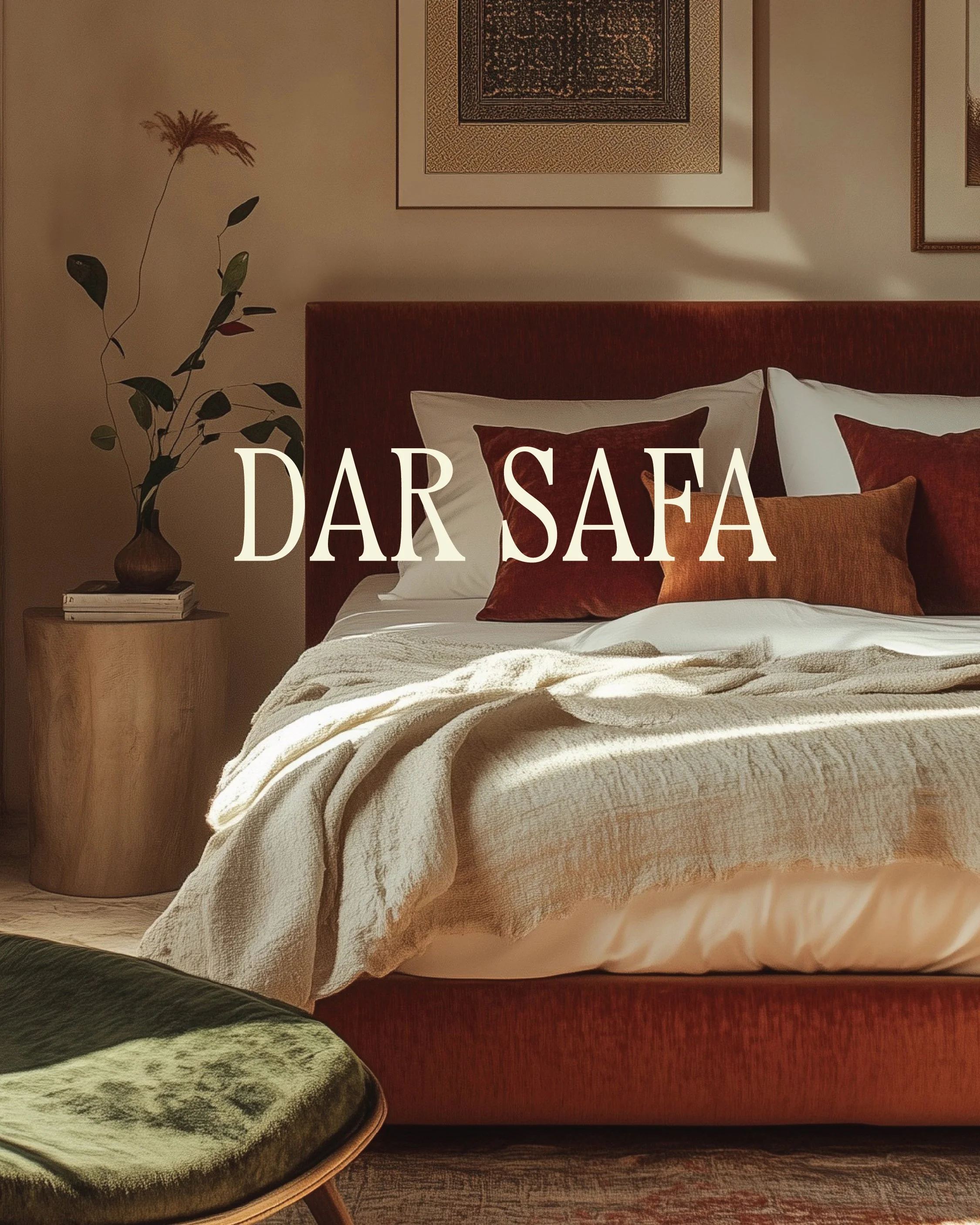 A bedroom with a wooden bed and a headboard, decorated with pillows and a blanket in earth tones. A side table with plants and books is next to the bed. Framed artwork hangs above the bed on the wall.