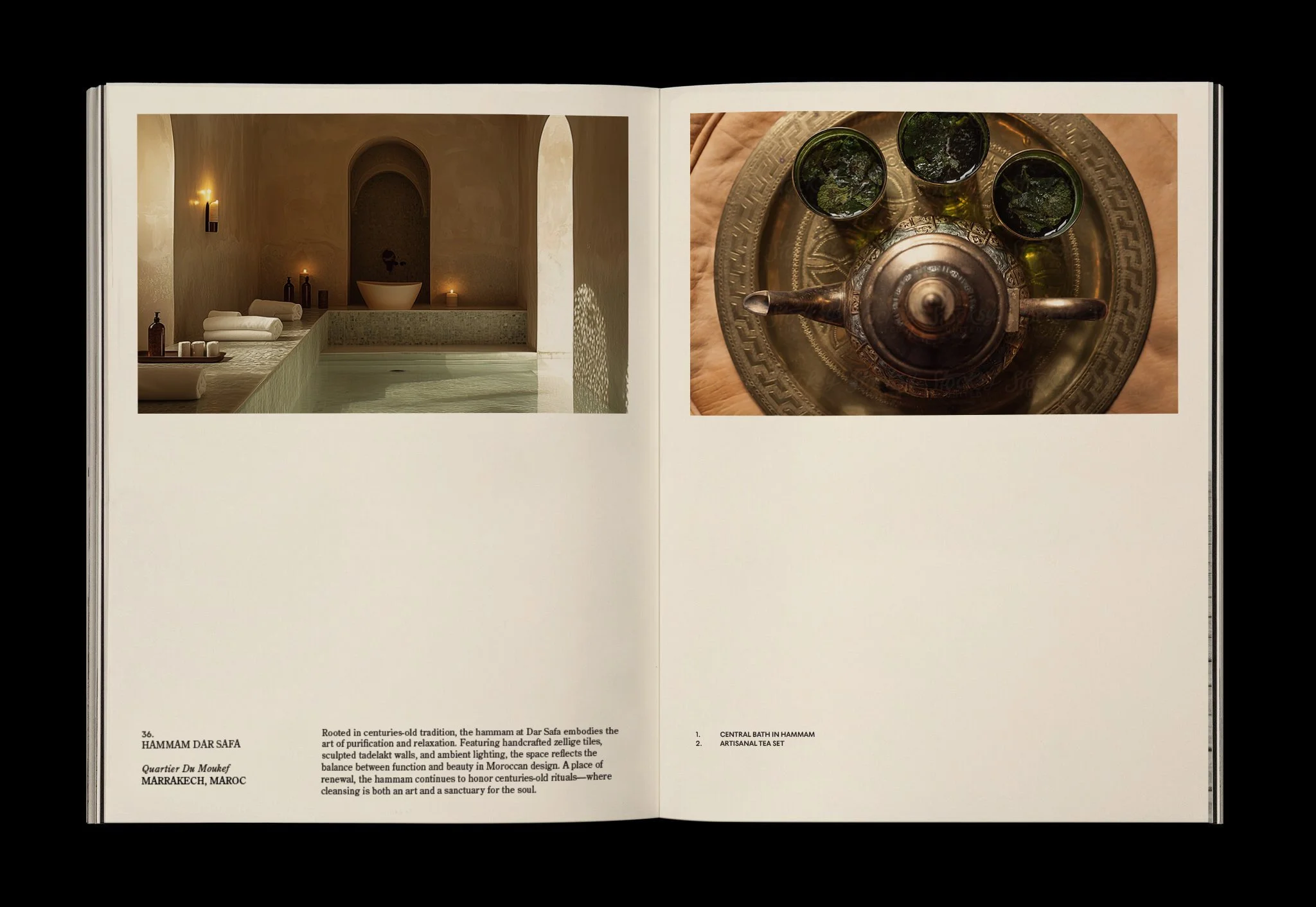Open book showing two photographs and descriptive text, one of a Moroccan Hammam bath, and the other of an artisanal tea set with three glasses of tea.