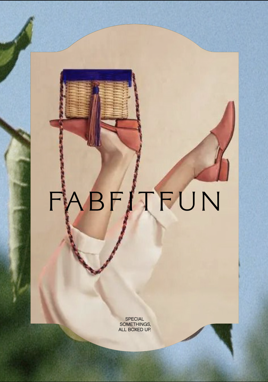 Fashion magazine cover with a model's legs holding a purse above her head. The purse is a small, woven basket with a tassel and a chain strap. The model is wearing peach-colored shoes and white pants, against a beige background. The magazine title is 'FABFITFUN' and the tagline reads 'Special Somethings, All Boxed Up.'