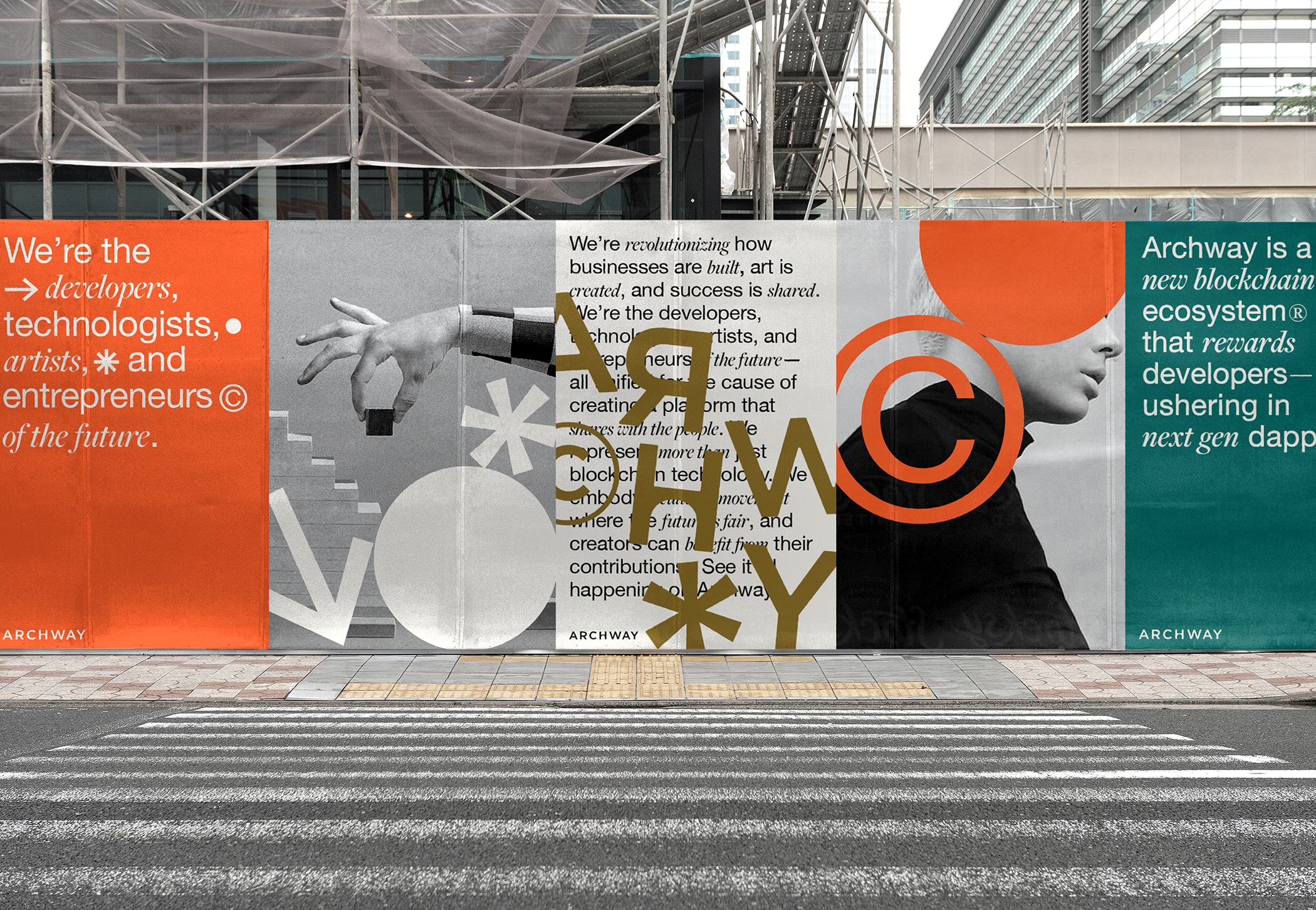 A city street with a large colorful billboard promoting a blockchain ecosystem called Archway. The billboard includes text about developers, artists, entrepreneurs, and future technologies, with abstract graphics and a profile of a woman wearing a hood.