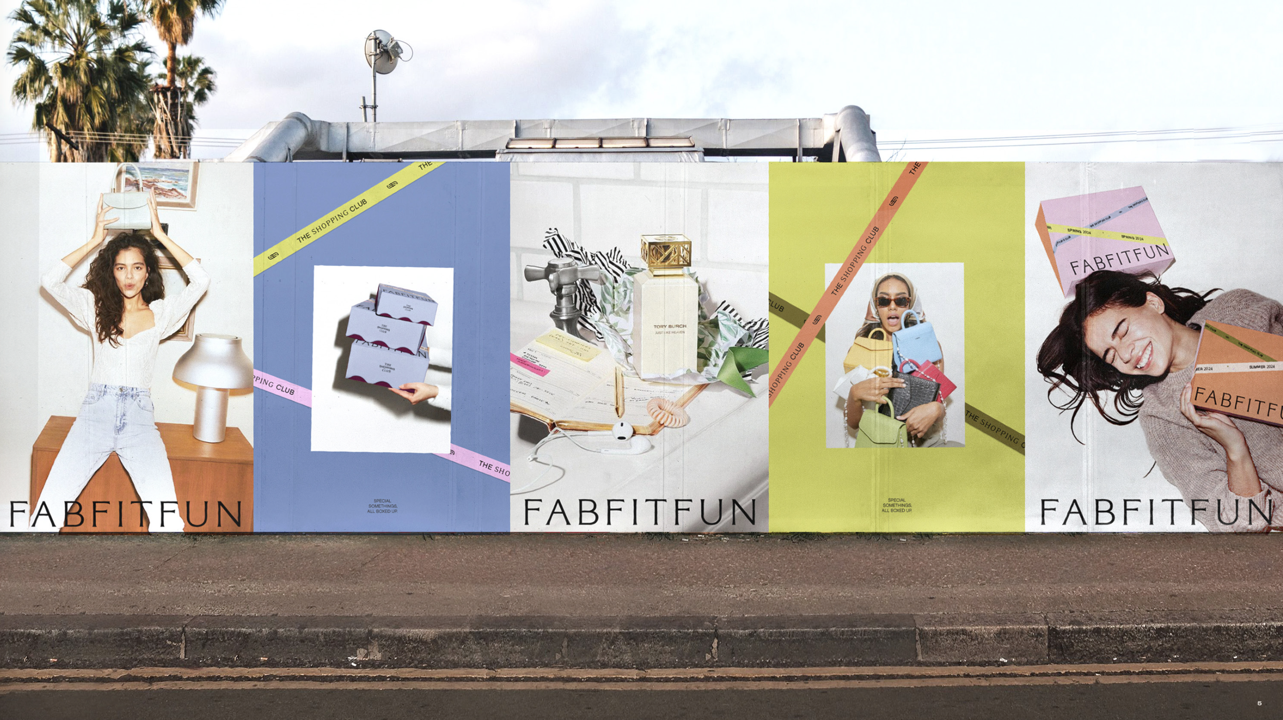 A colorful outdoor display featuring various images of women, shopping bags, and design elements, with branding for FABFITU.