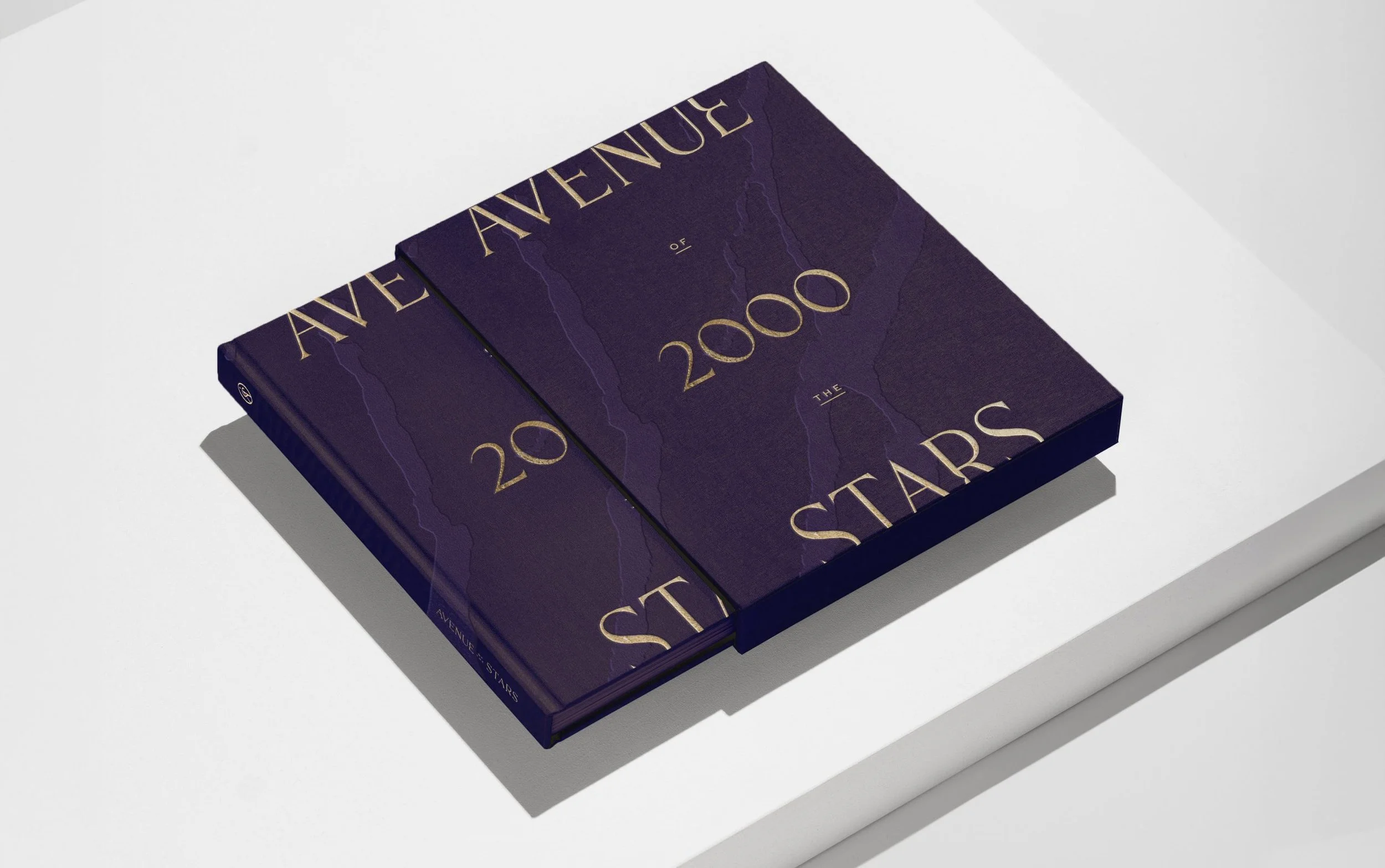 A hardcover book titled 'Avenue of 2000 Stars' with a dark purple cover and gold text, lying on a white surface with a shadow cast to the left.