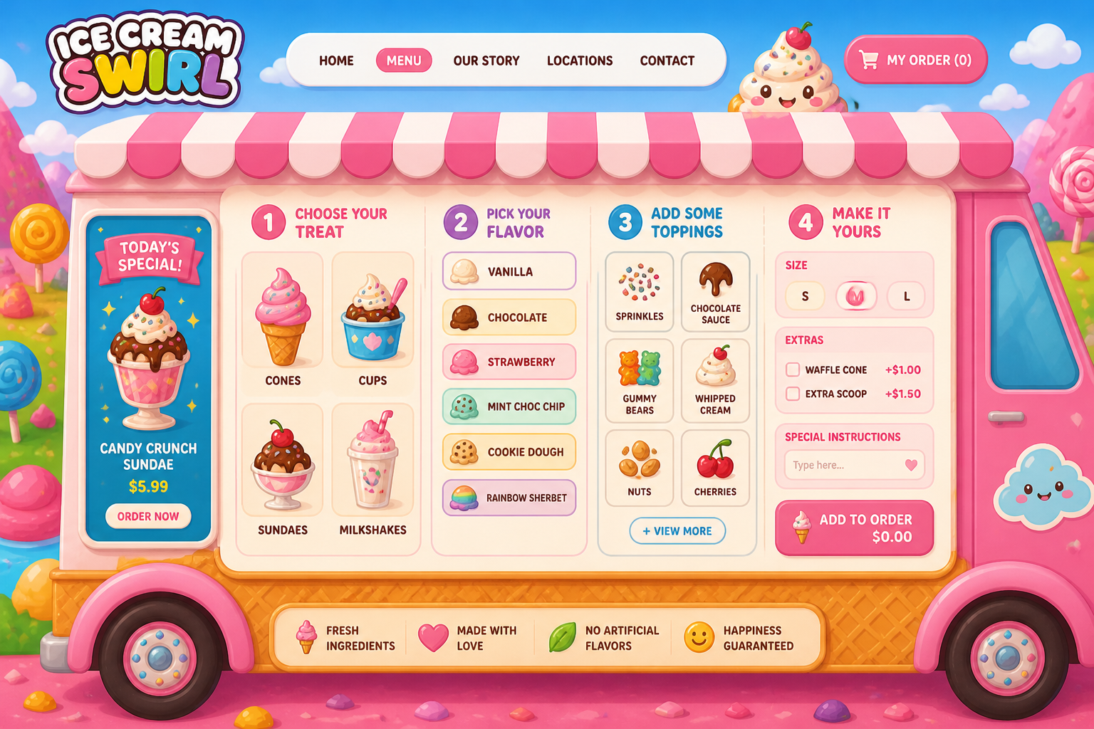 A colorful ice cream truck menu with options to choose treats, flavors, toppings, and add extras. The menu includes ice cream options like cones, cups, sundaes, and milkshakes, with toppings such as sprinkles, chocolate sauce, gummy bears, whipped cream, nuts, and cherries. The design is vibrant, with a pink and blue theme, and playful background scenery.